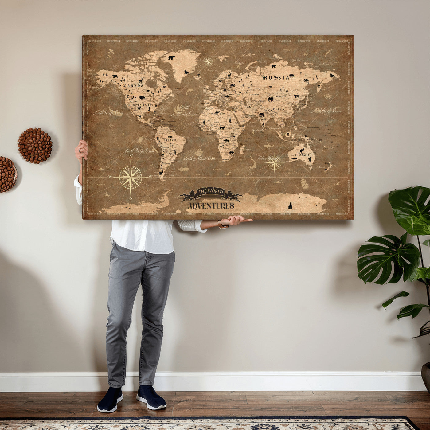 16235283-MGV-CV-36X24 - Custom Push Pin World Map Wall Art Canvas Print – Personalized Travel Tracker with Pins Framed Large for Home and Office Decor