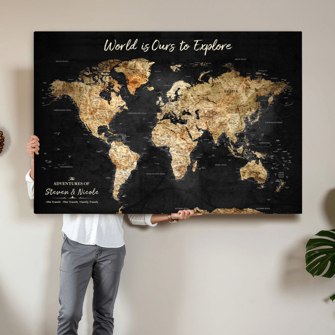 73732636-MGV-CV-36X24 - Custom Push Pin World Map Wall Art Canvas Print – Personalized Travel Tracker with Pins Framed Large for Home and Office Decor