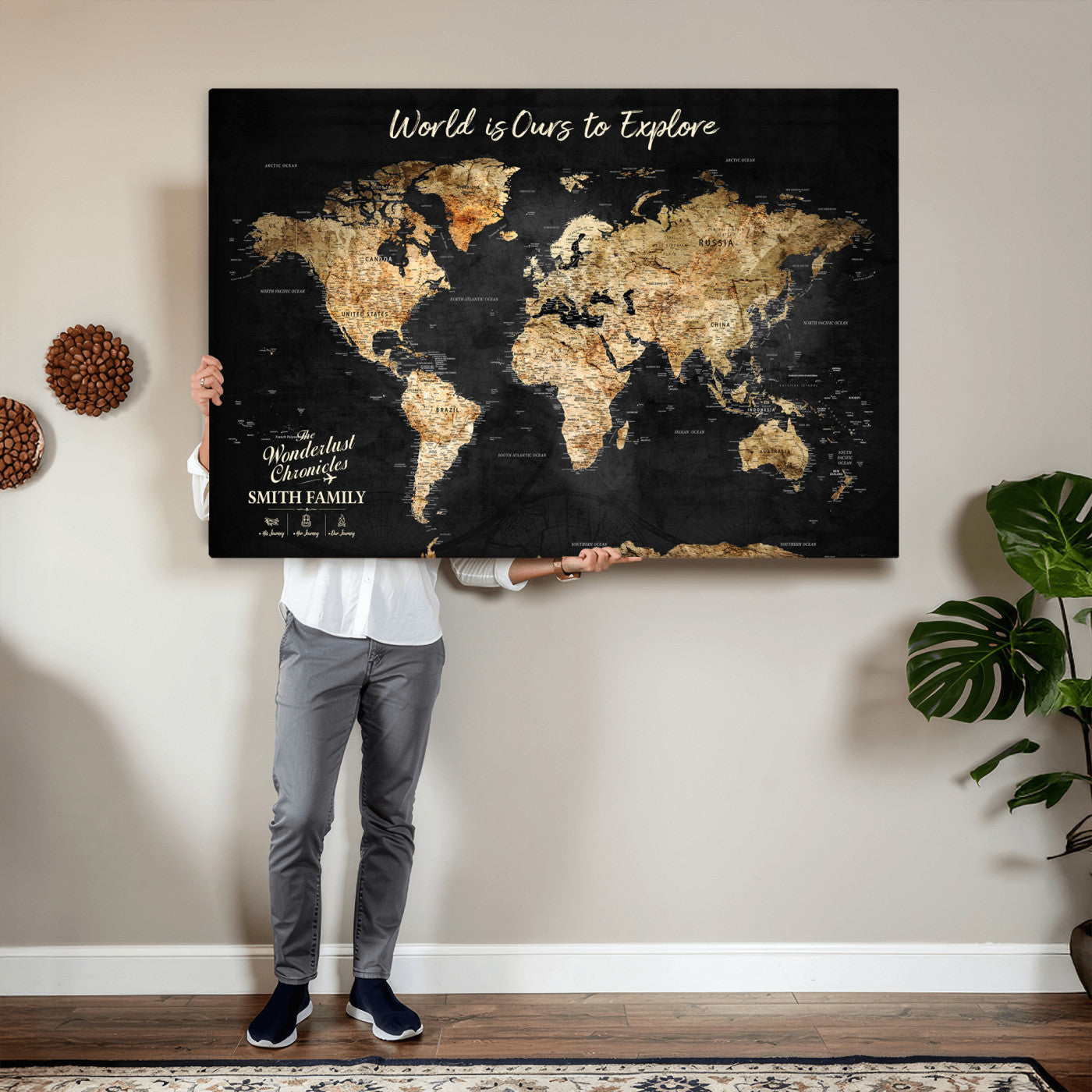 73732636-MGV-CV-36X24 - Custom Push Pin World Map Wall Art Canvas Print – Personalized Travel Tracker with Pins Framed Large for Home and Office Decor