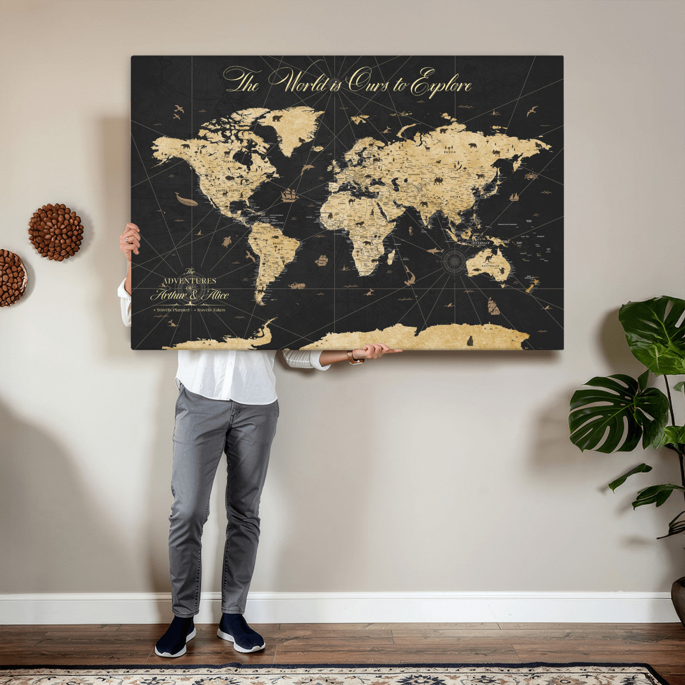 54097664-MGV-CV-36X24 - Custom Push Pin World Map Wall Art Canvas Print – Personalized Travel Tracker with Pins Framed Large for Home and Office Decor