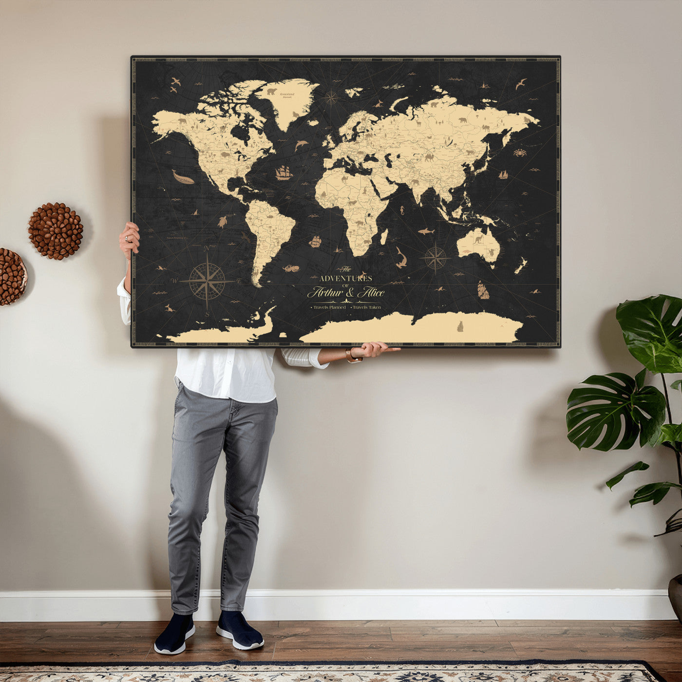 23208482-MGV-CV-36X24 - Custom Push Pin World Map Wall Art Canvas Print – Personalized Travel Tracker with Pins Framed Large for Home and Office Decor