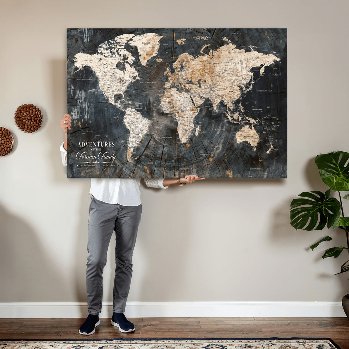 77865338-MGV-CV-36X24 - Personalized Framed Beige Push Pin World Map Canvas Print, Bucket List Map, Living Room and Hallway Decor