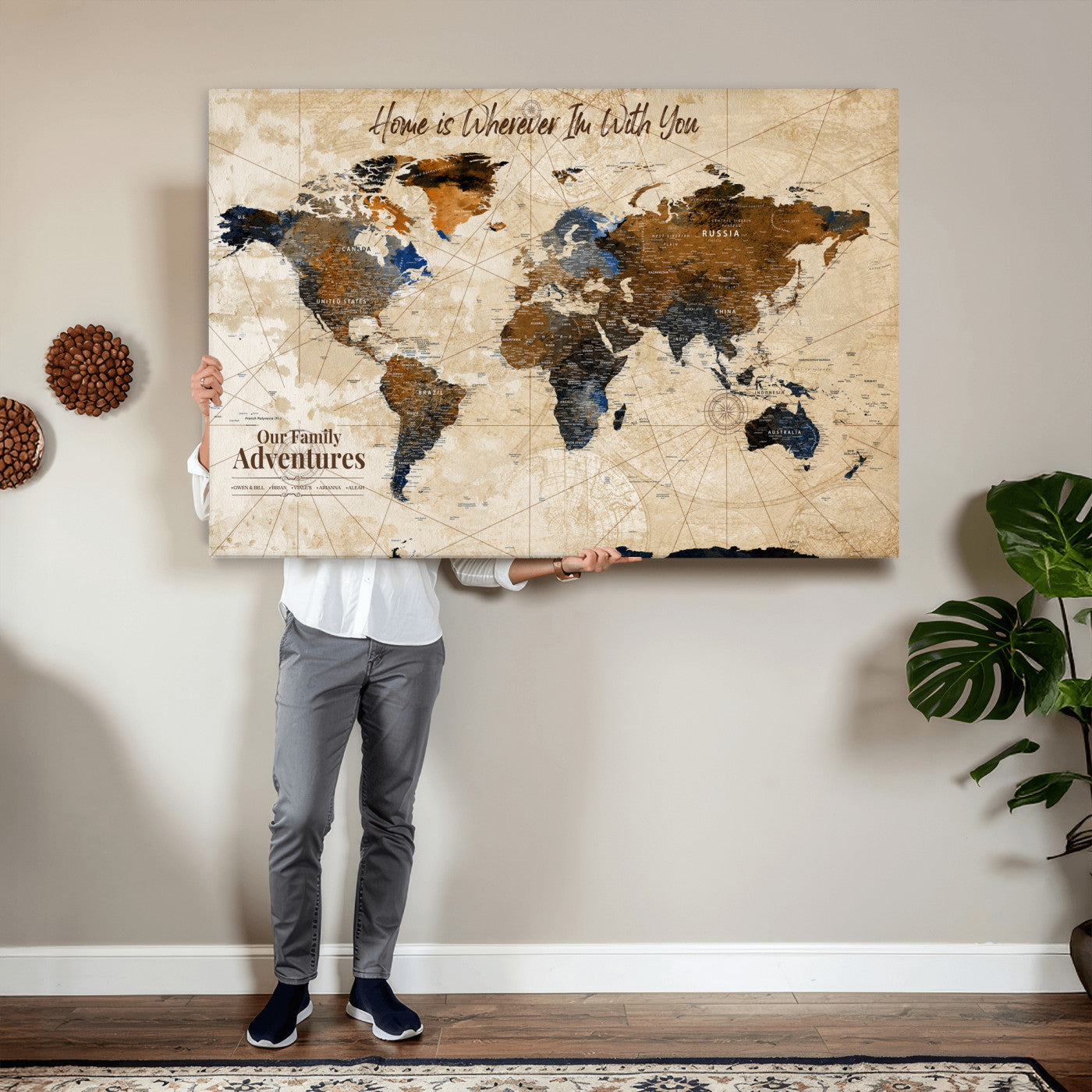 20227642-MGV-CV-36X24 - Custom Push Pin World Map Wall Art Canvas Print – Personalized Travel Tracker with Pins Framed Large for Home and Office Decor