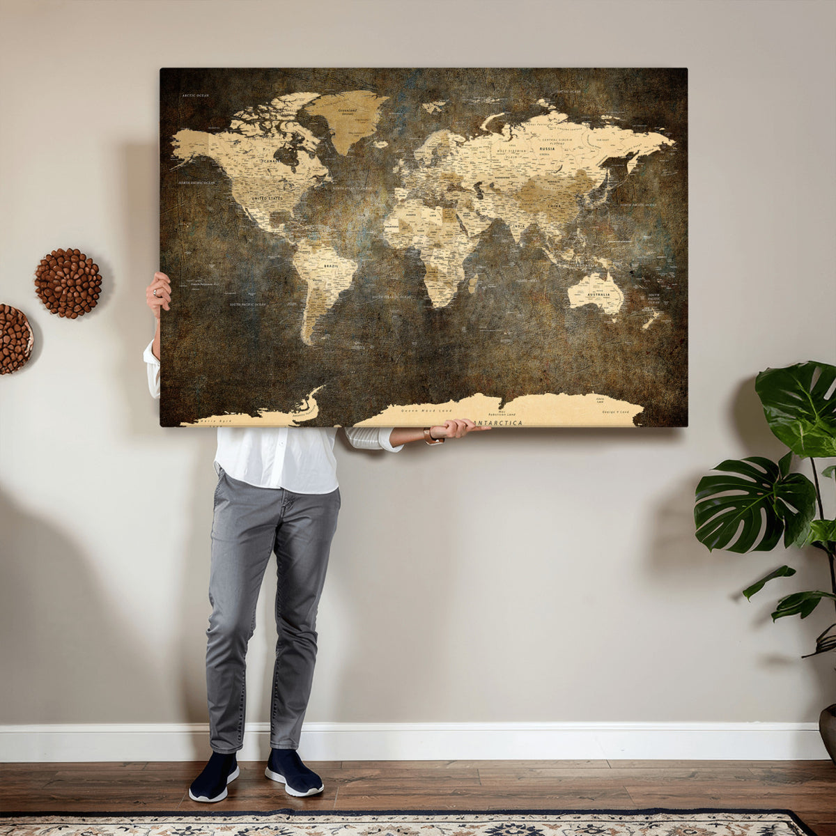 89742472-MGV-CV-36X24 - Large Framed Vintage World Map Wall Art Print for Home Wall