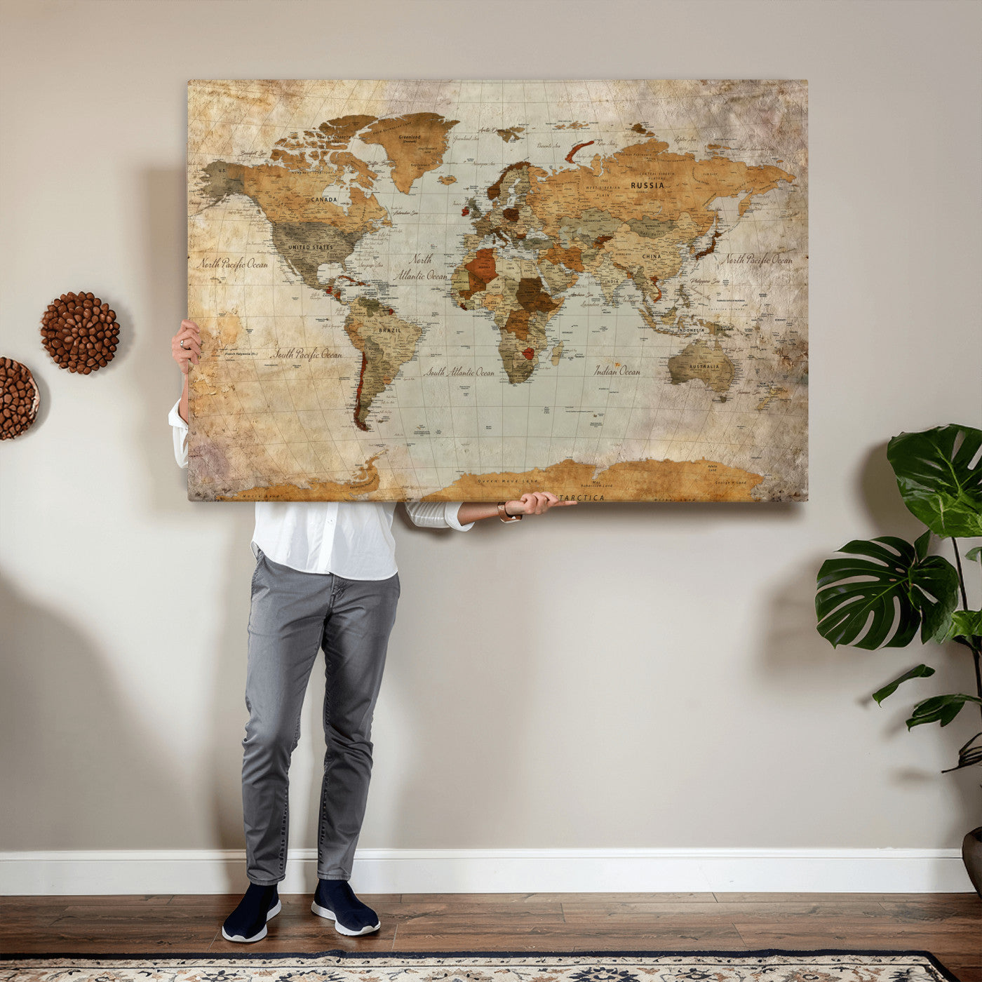 74176056-MGV-CV-36X24 - World Map Wall Art Canvas Print, Modern Decorative Framed Map Artwork Prints for Living Room, Office, Bedroom Wall Decor