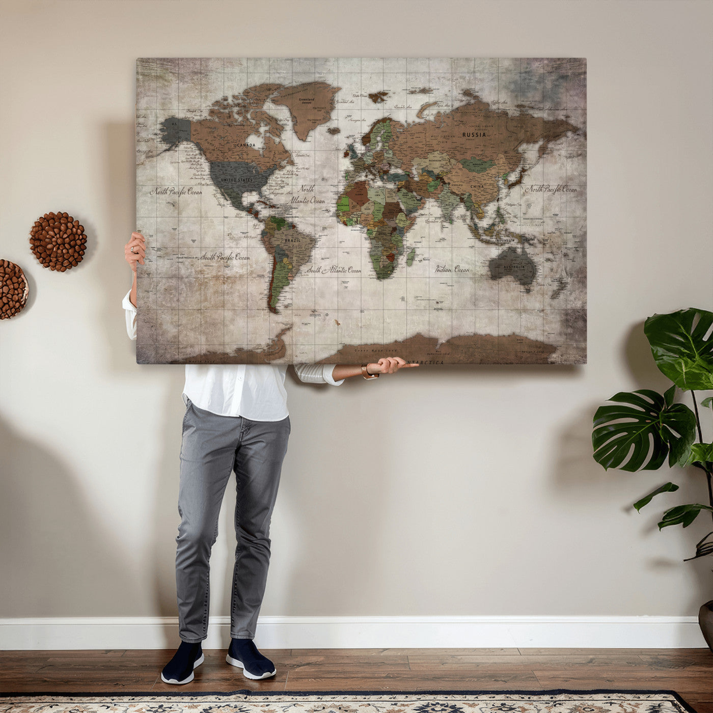 65393892-MGV-CV-36X24 - World Map Wall Art Canvas Print, Modern Decorative Framed Map Artwork Prints for Living Room, Office, Bedroom Wall Decor