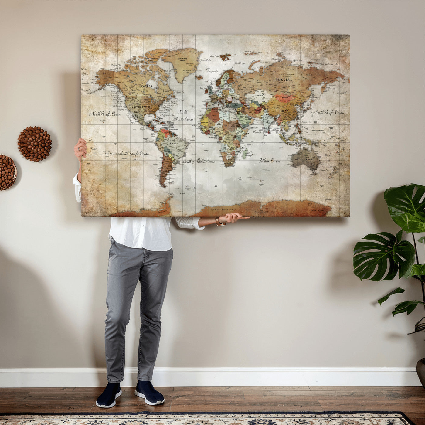 19855445-MGV-CV-36X24 - World Map Wall Art Canvas Print, Modern Decorative Framed Map Artwork Prints for Living Room, Office, Bedroom Wall Decor