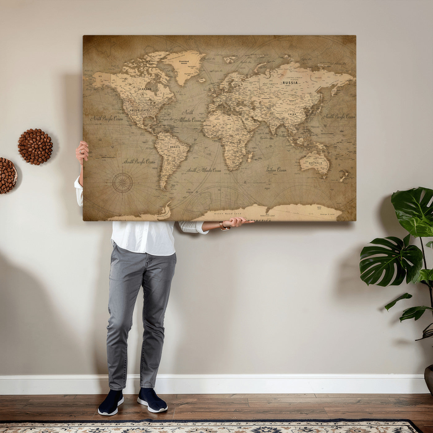 49946617-MGV-CV-36X24 - World Map Wall Art Canvas Print, Modern Decorative Framed Map Artwork Prints for Living Room, Office, Bedroom Wall Decor