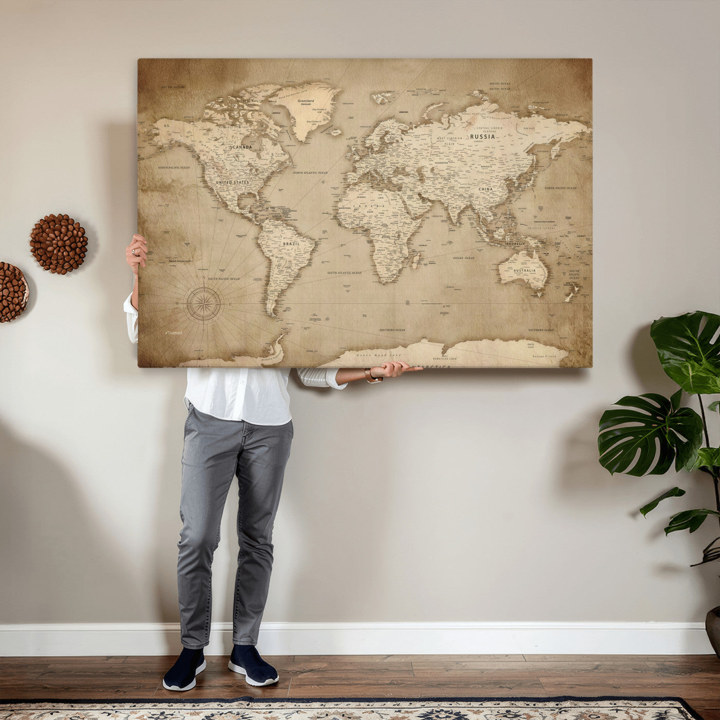 34795134-MGV-CV-36X24 - World Map Wall Art Canvas Print, Modern Decorative Framed Map Artwork Prints for Living Room, Office, Bedroom Wall Decor