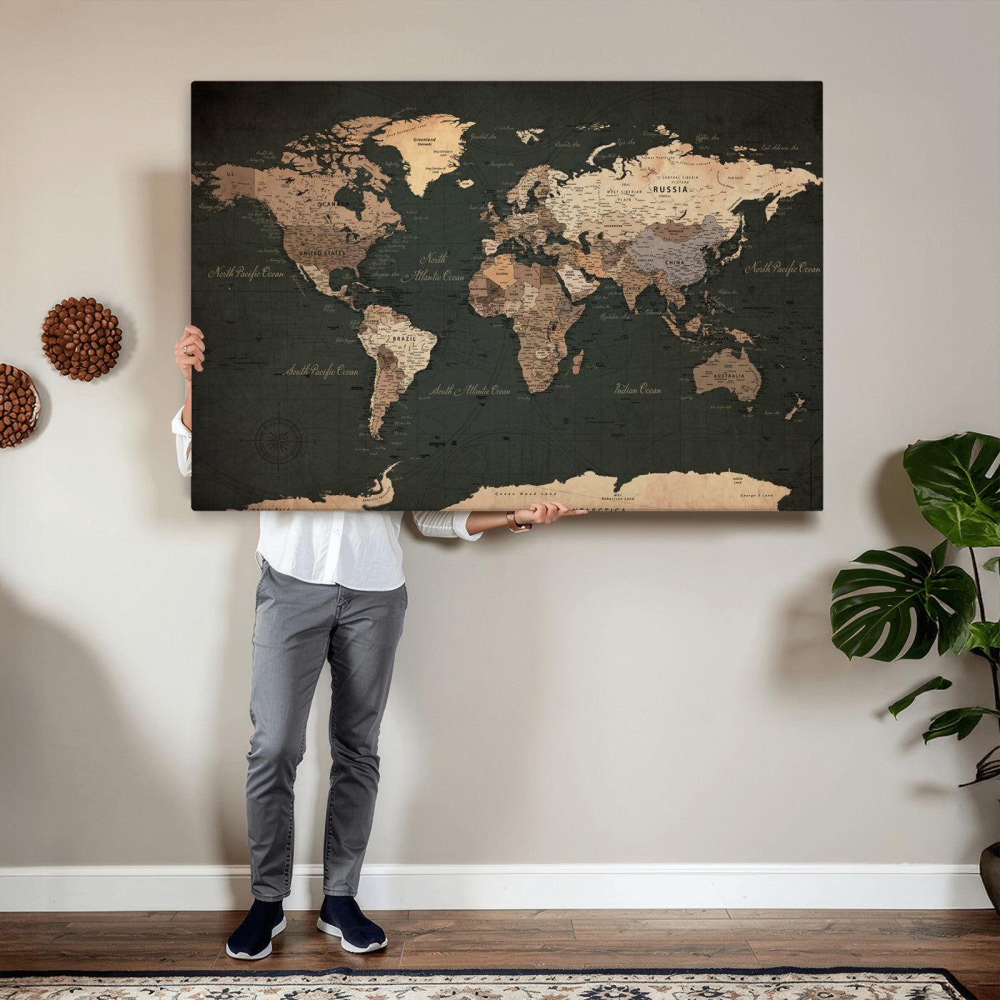 62059333-MGV-CV-36X24 - World Map Wall Art Canvas Print, Modern Decorative Framed Map Artwork Prints for Living Room, Office, Bedroom Wall Decor