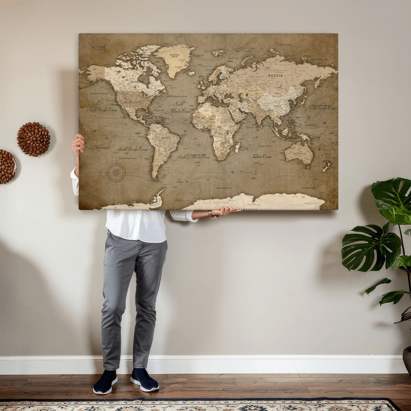 82314635-MGV-CV-36X24 - World Map Wall Art Canvas Print, Modern Decorative Framed Map Artwork Prints for Living Room, Office, Bedroom Wall Decor