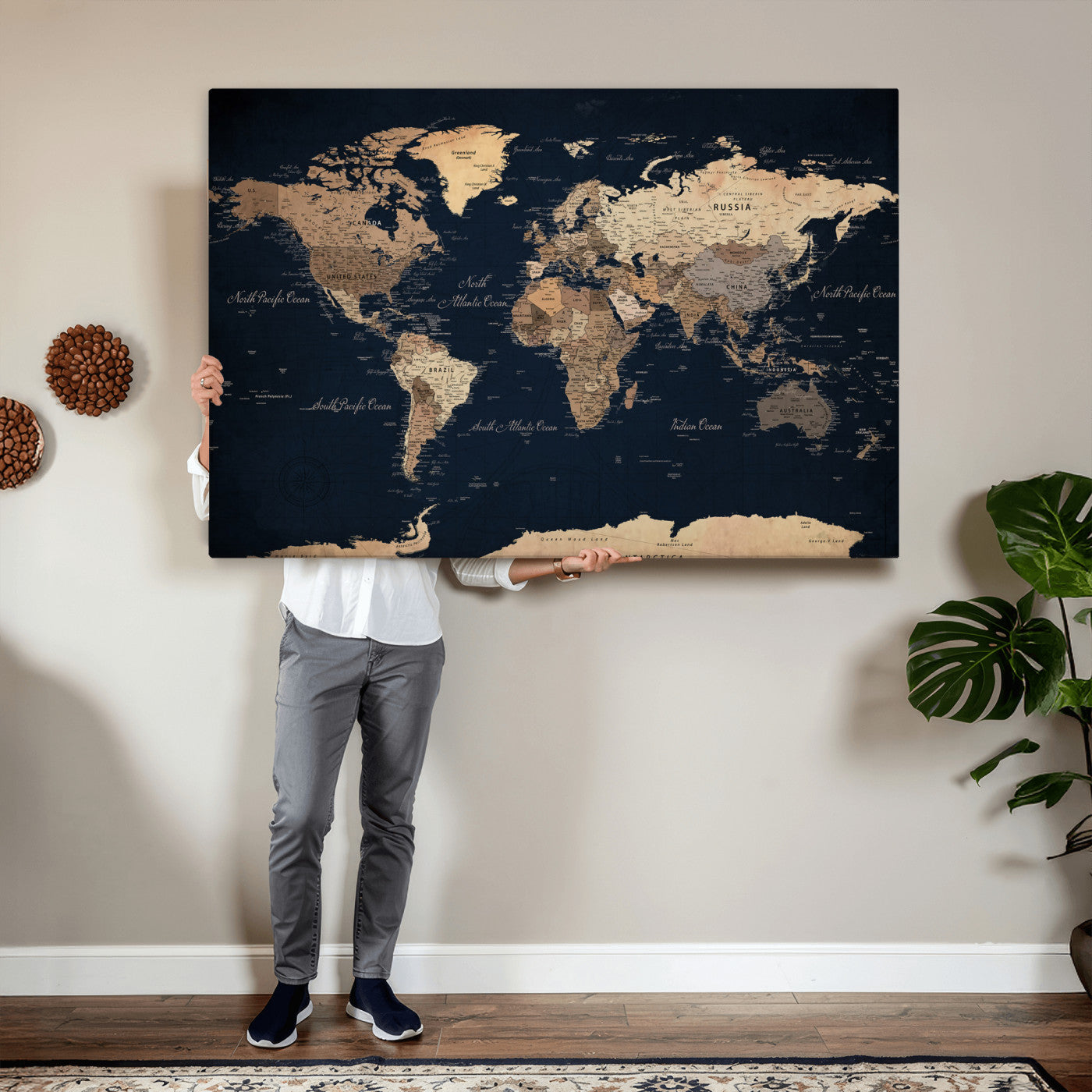 53971530-MGV-CV-36X24 - World Map Wall Art Canvas Print, Modern Decorative Framed Map Artwork Prints for Living Room, Office, Bedroom Wall Decor