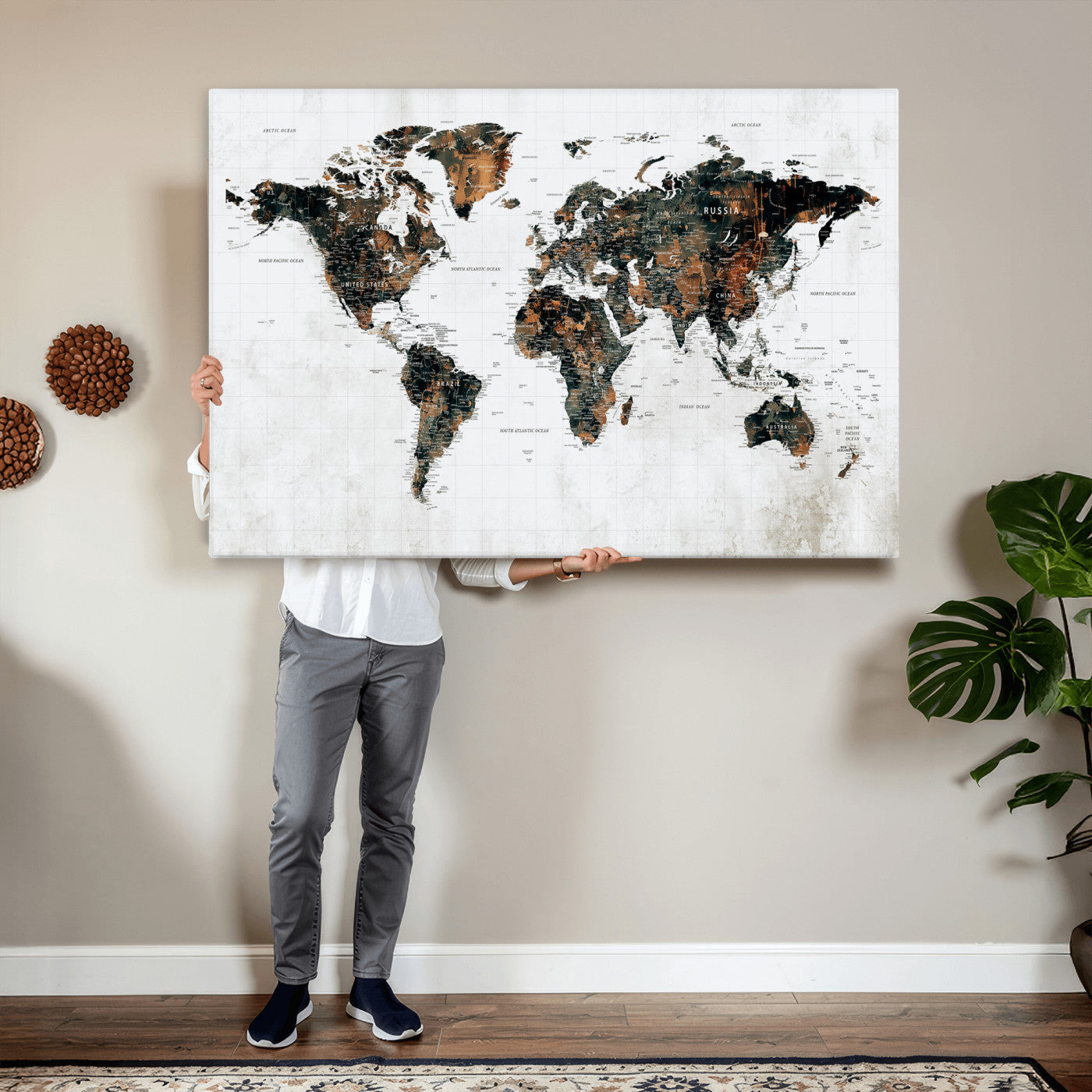 60008766-MGV-CV-36X24 - World Map Wall Art Canvas Print, Modern Decorative Framed Map Artwork Prints for Living Room, Office, Bedroom Wall Decor