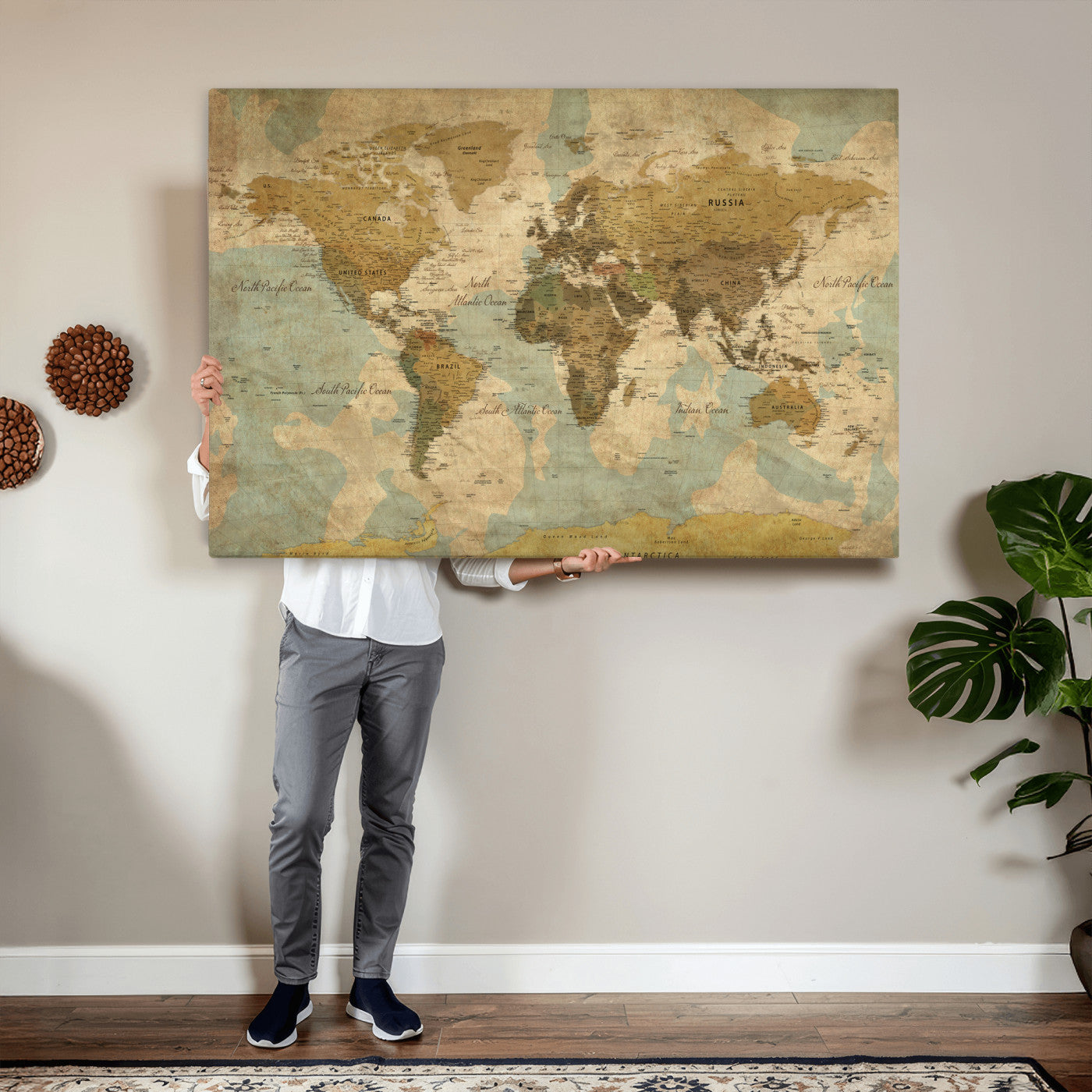89356927-MGV-CV-36X24 - World Map Wall Art Canvas Print, Modern Decorative Framed Map Artwork Prints for Living Room, Office, Bedroom Wall Decor