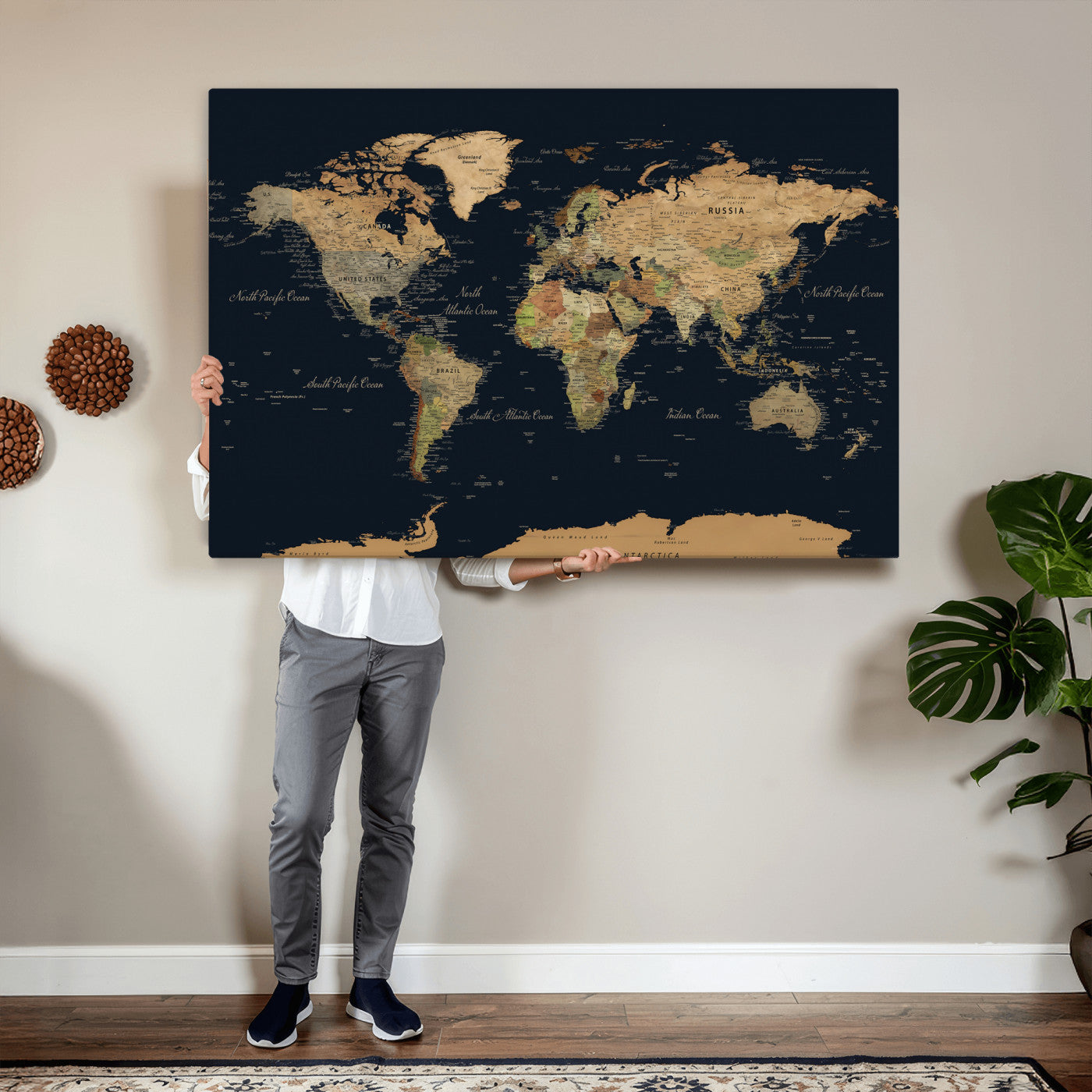 94449133-MGV-CV-36X24 - World Map Wall Art Canvas Print, Modern Decorative Framed Map Artwork Prints for Living Room, Office, Bedroom Wall Decor