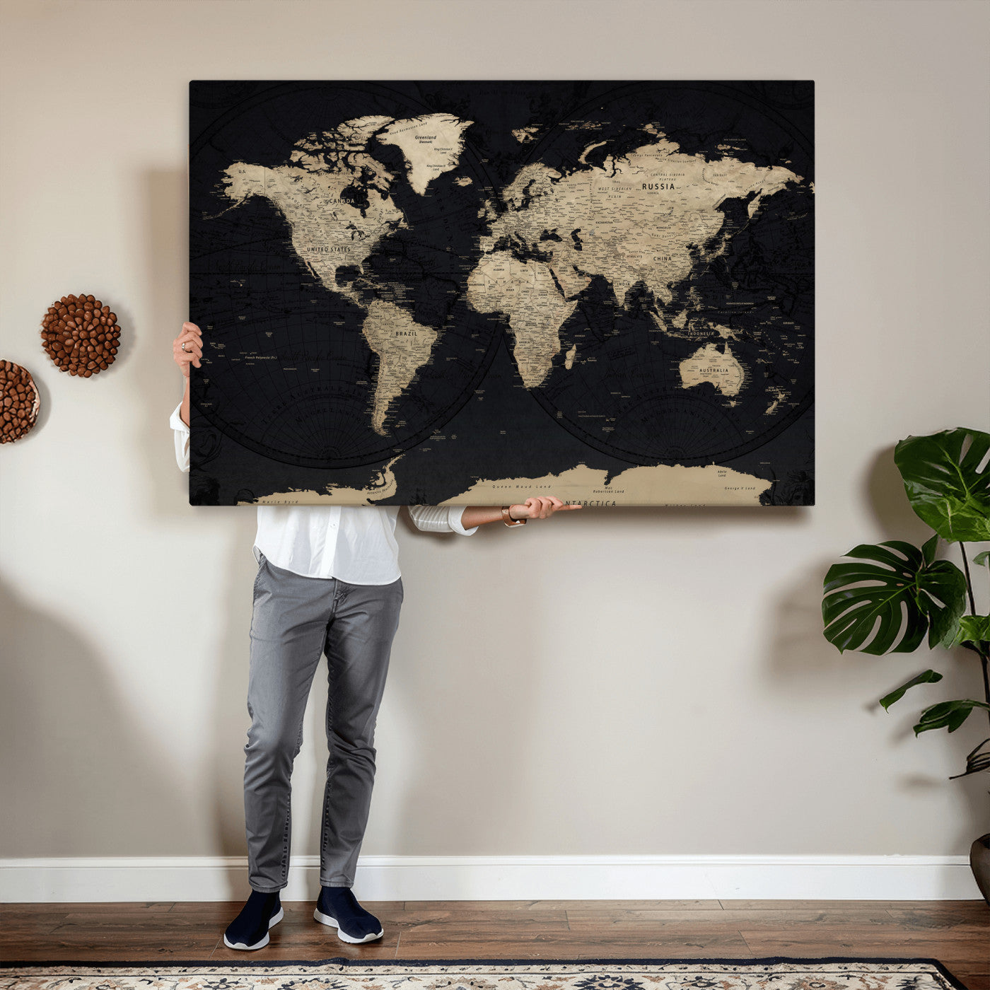 61835687-MGV-CV-36X24 - World Map Wall Art Canvas Print, Modern Decorative Framed Map Artwork Prints for Living Room, Office, Bedroom Wall Decor