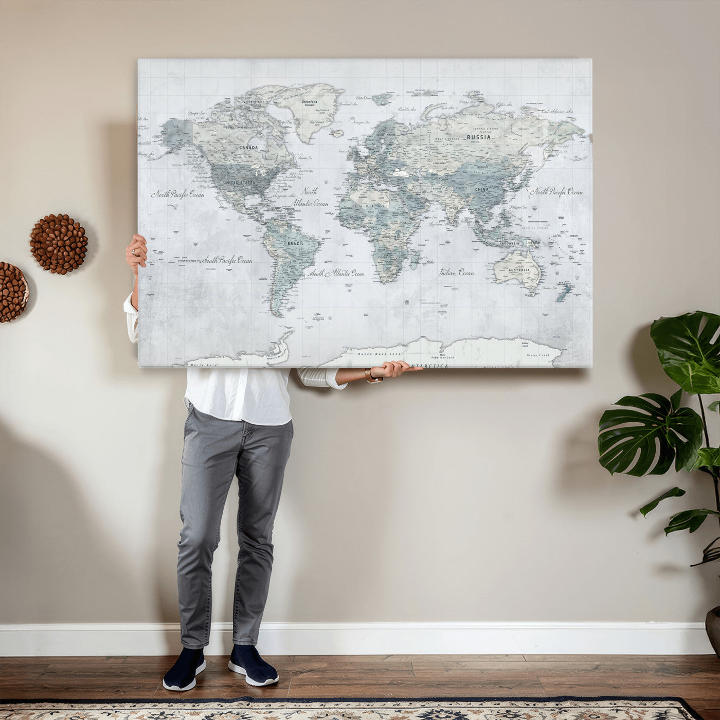 71091917-MGV-CV-36X24 - World Map Wall Art Canvas Print, Modern Decorative Framed Map Artwork Prints for Living Room, Office, Bedroom Wall Decor