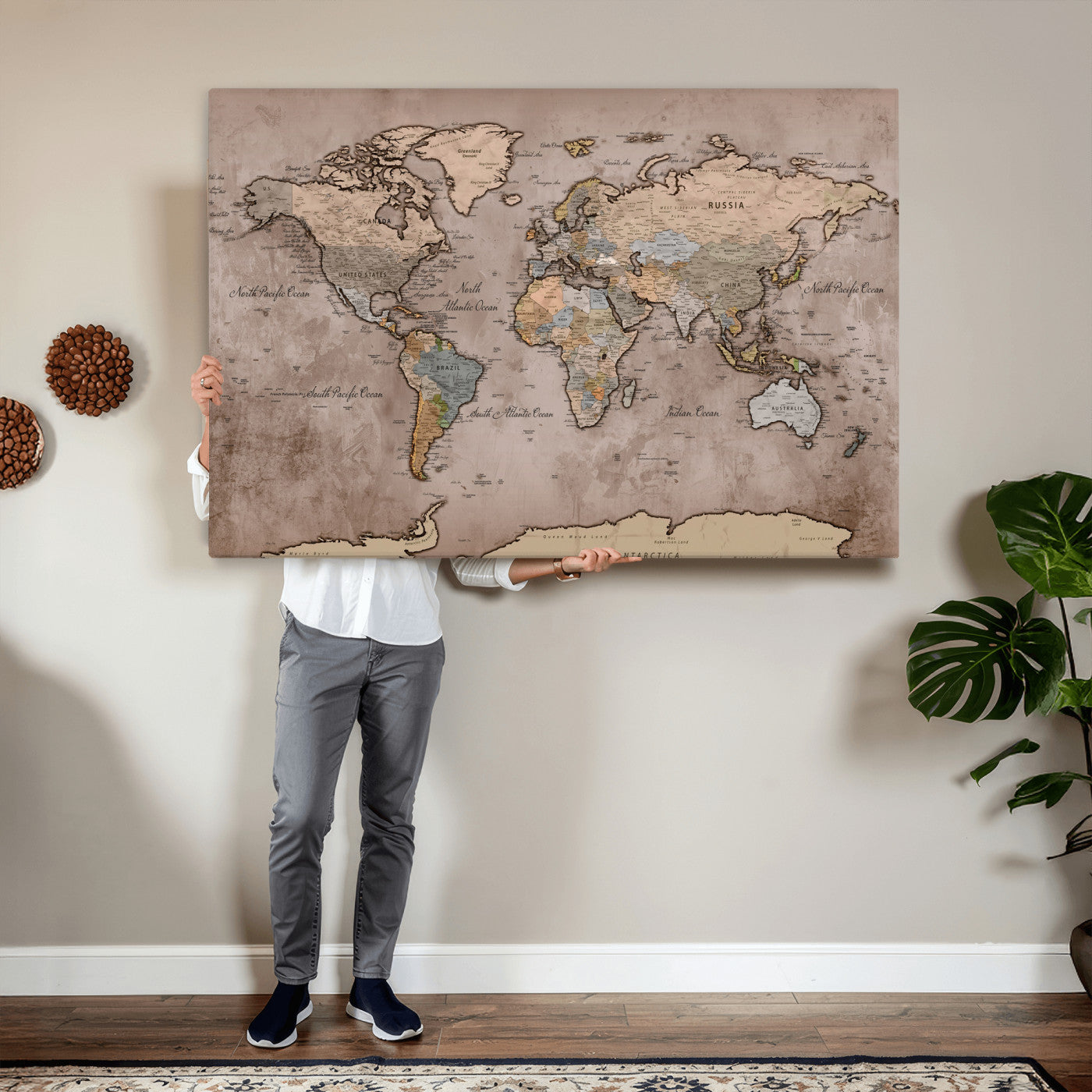 91471273-MGV-CV-36X24 - World Map Wall Art Canvas Print, Modern Decorative Framed Map Artwork Prints for Living Room, Office, Bedroom Wall Decor
