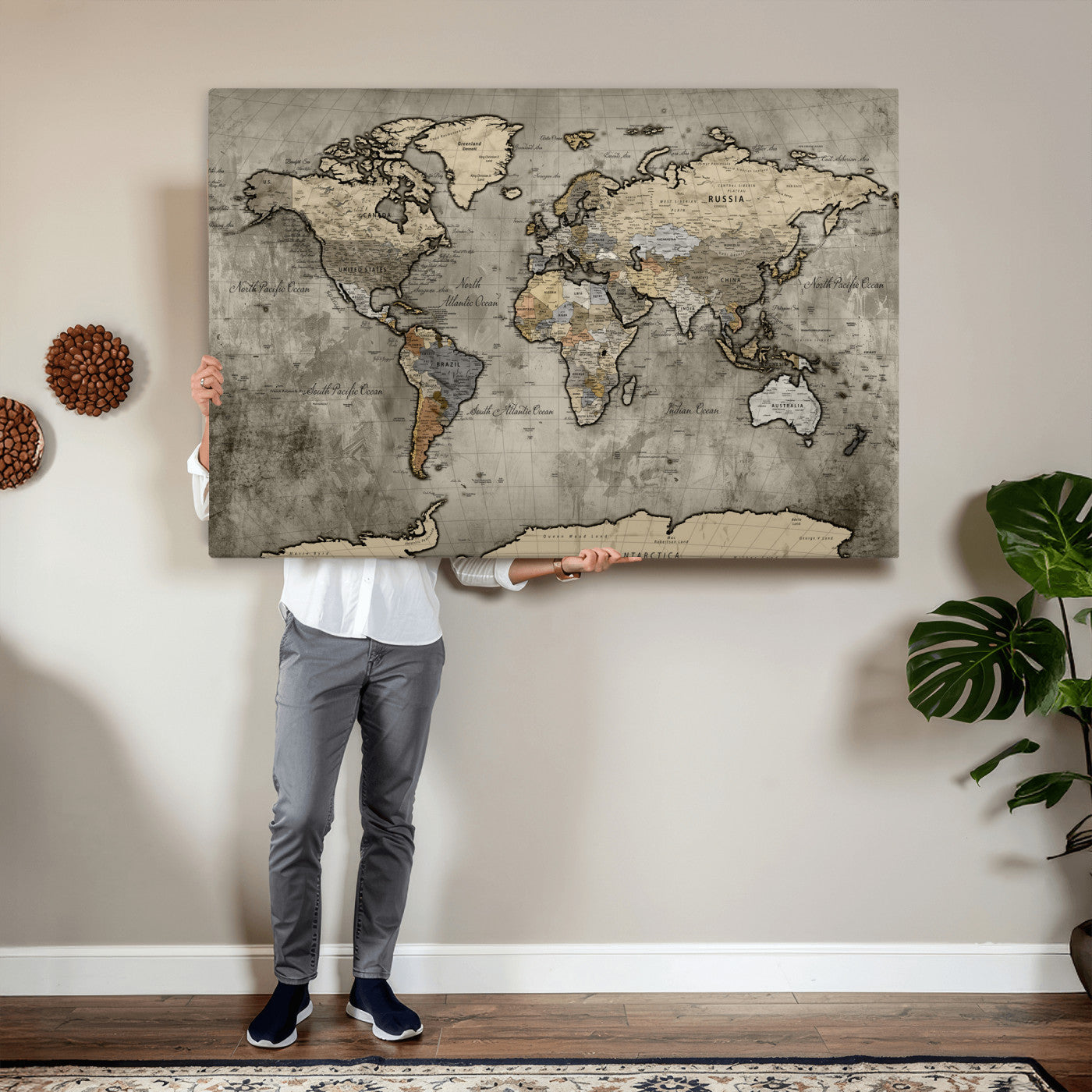 85218700-MGV-CV-36X24 - World Map Wall Art Canvas Print, Modern Decorative Framed Map Artwork Prints for Living Room, Office, Bedroom Wall Decor