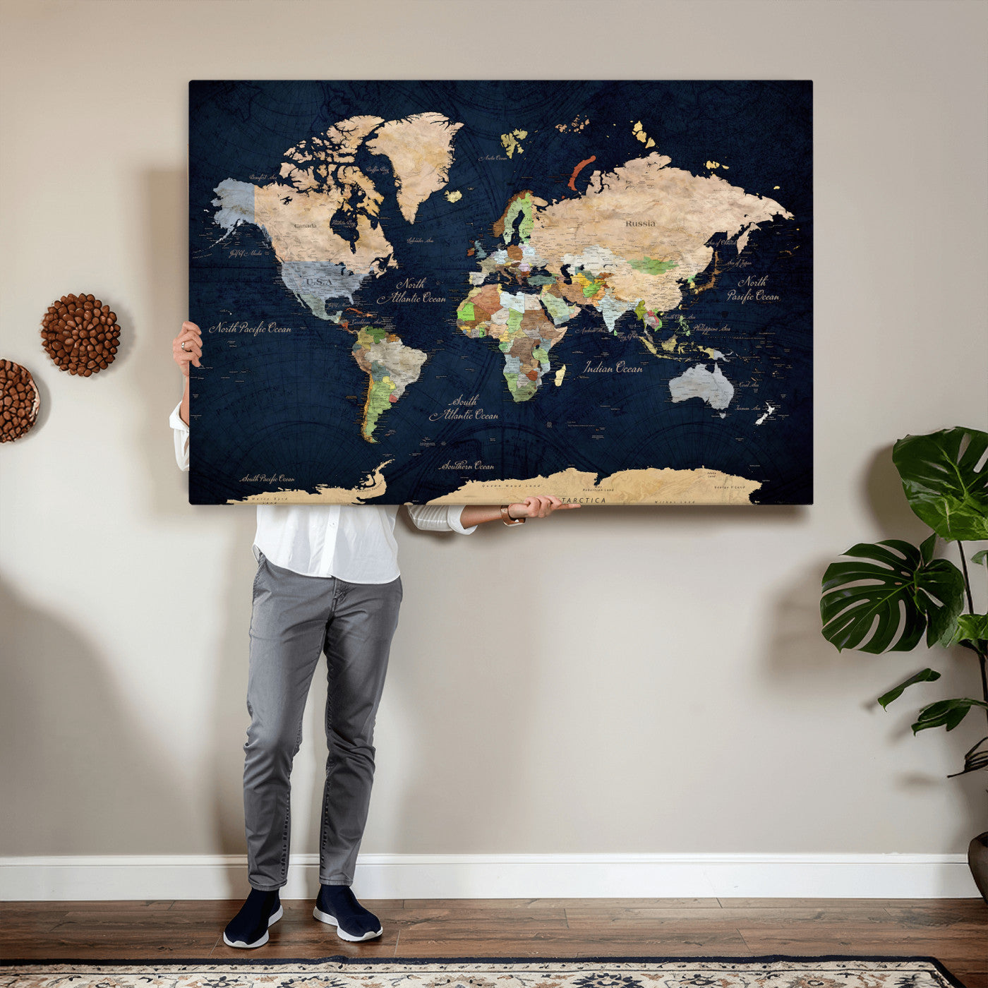 76603563-MGV-CV-36X24 - World Map Wall Art Canvas Print, Modern Decorative Framed Map Artwork Prints for Living Room, Office, Bedroom Wall Decor