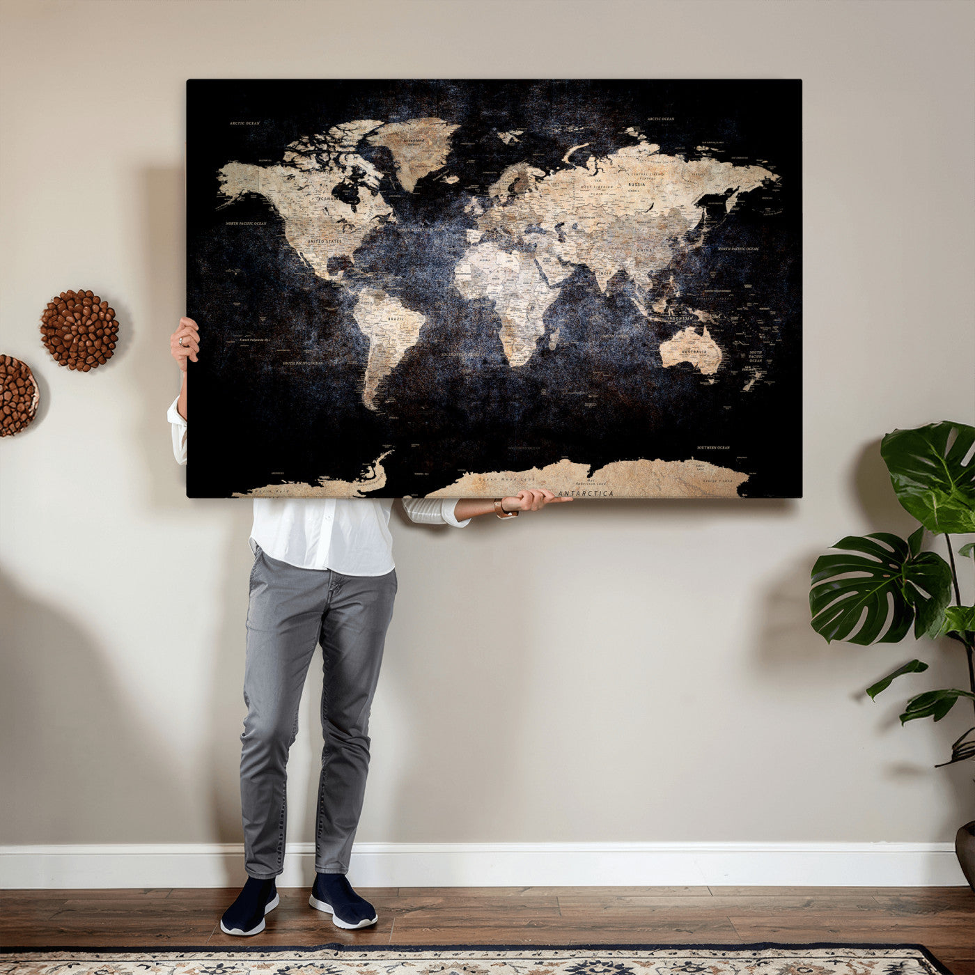 56713386-MGV-CV-36X24 - World Map Wall Art Canvas Print, Modern Decorative Framed Map Artwork Prints for Living Room, Office, Bedroom Wall Decor