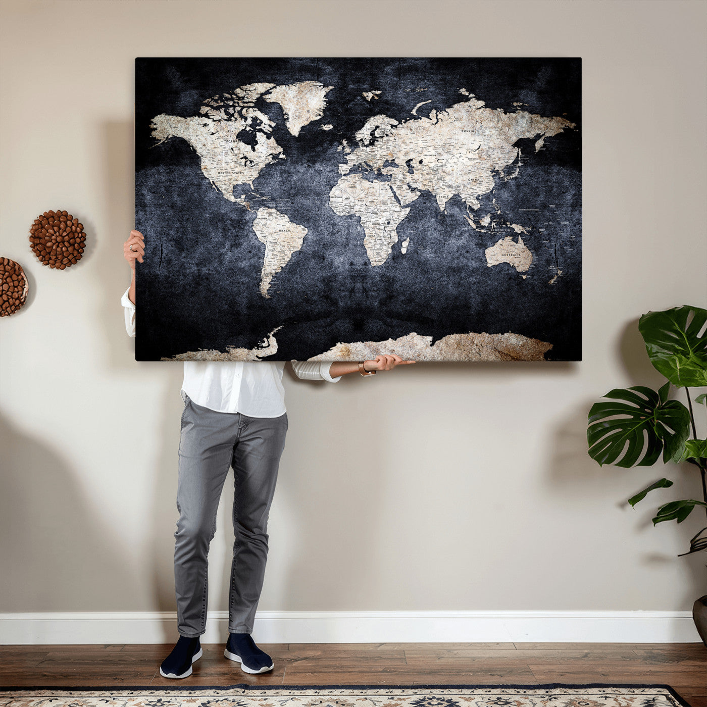 41193404-MGV-CV-36X24 - World Map Wall Art Canvas Print, Modern Decorative Framed Map Artwork Prints for Living Room, Office, Bedroom Wall Decor