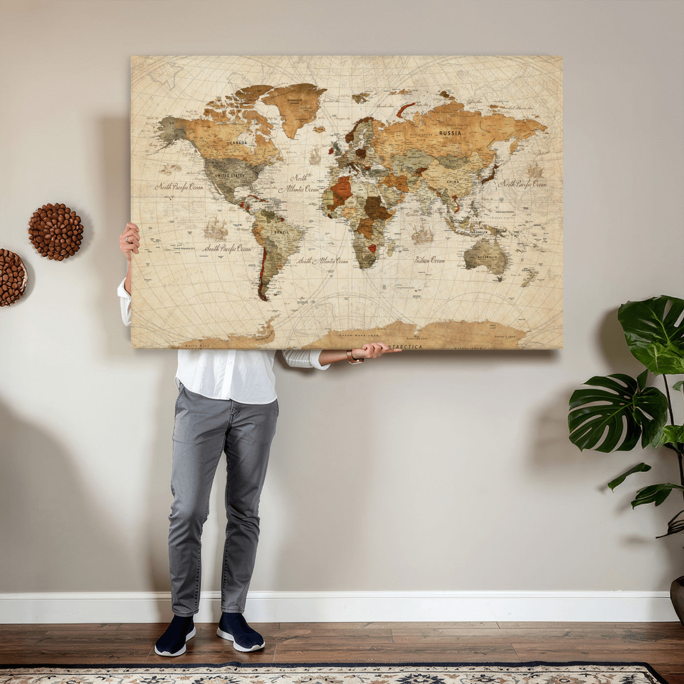 29684537-MGV-CV-36X24 - World Map Wall Art Canvas Print, Modern Decorative Framed Map Artwork Prints for Living Room, Office, Bedroom Wall Decor