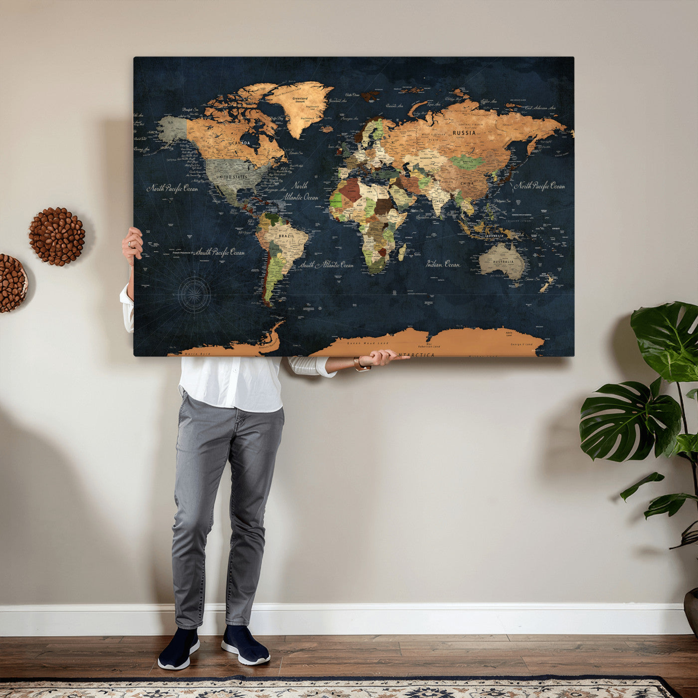 53717402-MGV-CV-36X24 - World Map Wall Art Canvas Print, Modern Decorative Framed Map Artwork Prints for Living Room, Office, Bedroom Wall Decor