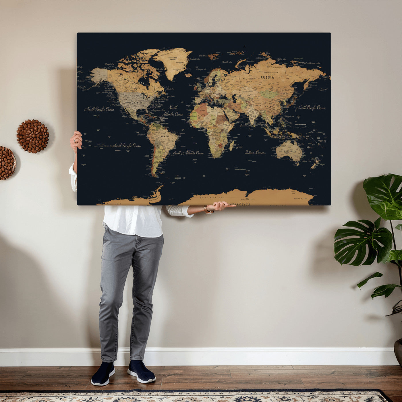36916368-MGV-CV-36X24 - World Map Wall Art Canvas Print, Modern Decorative Framed Map Artwork Prints for Living Room, Office, Bedroom Wall Decor