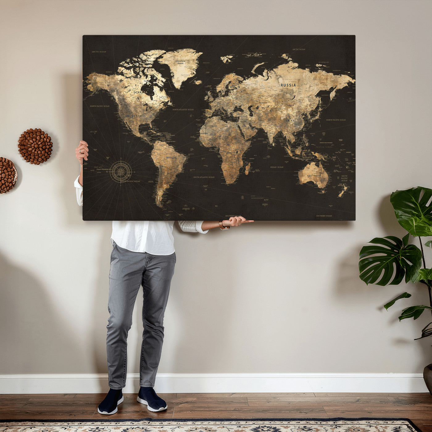 70985630-MGV-CV-36X24 - World Map Wall Art Canvas Print, Modern Decorative Framed Map Artwork Prints for Living Room, Office, Bedroom Wall Decor
