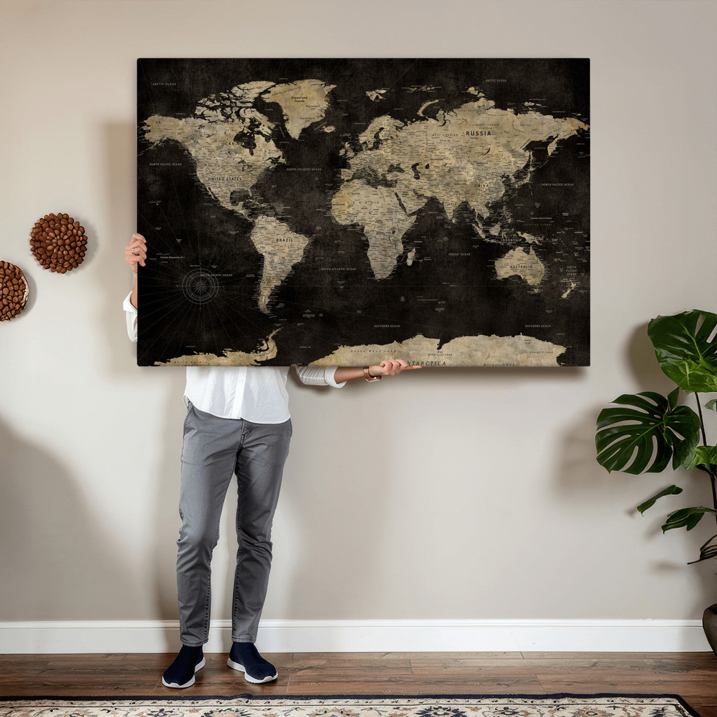 60653880-MGV-CV-36X24 - World Map Wall Art Canvas Print, Modern Decorative Framed Map Artwork Prints for Living Room, Office, Bedroom Wall Decor