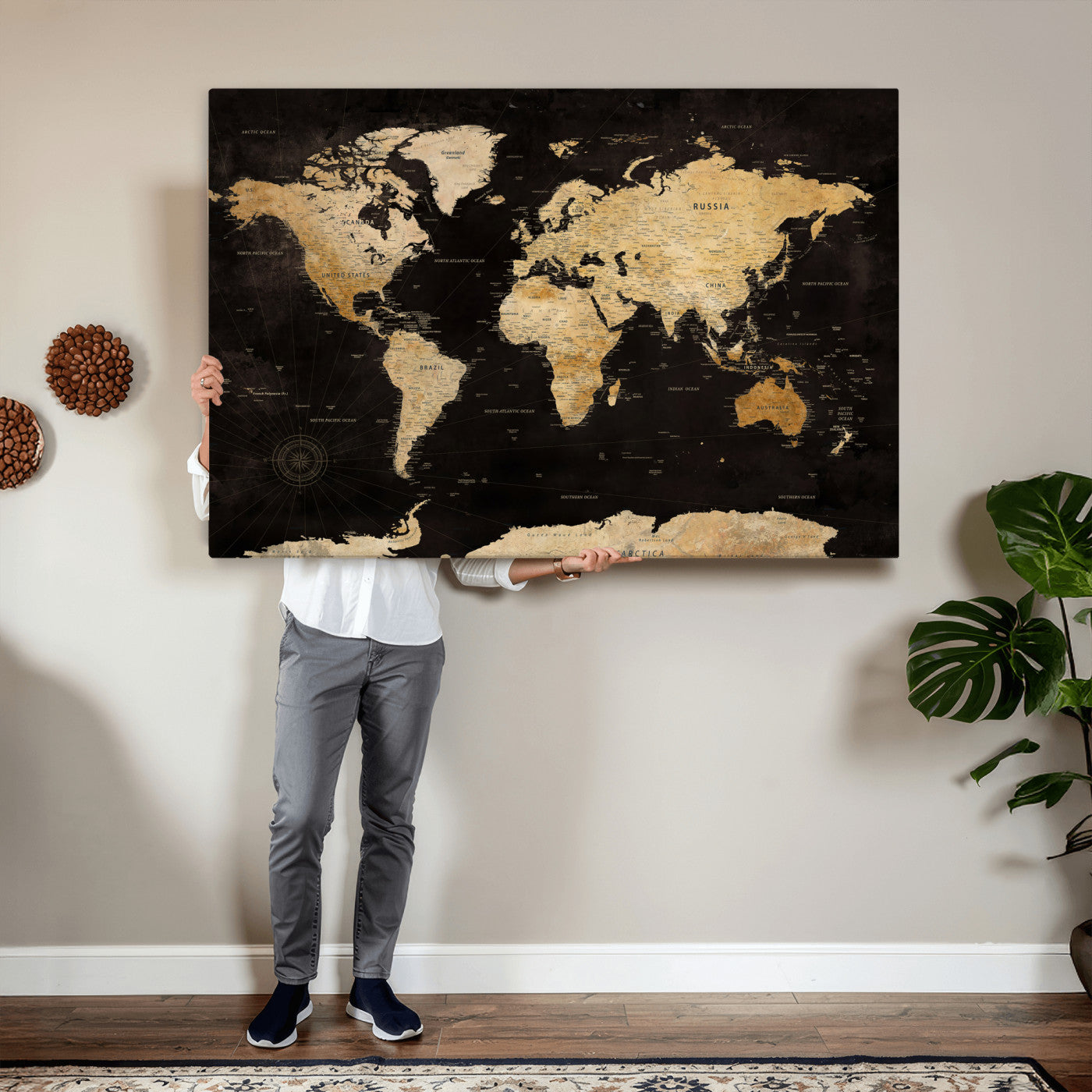 70468159-MGV-CV-36X24 - World Map Wall Art Canvas Print, Modern Decorative Framed Map Artwork Prints for Living Room, Office, Bedroom Wall Decor