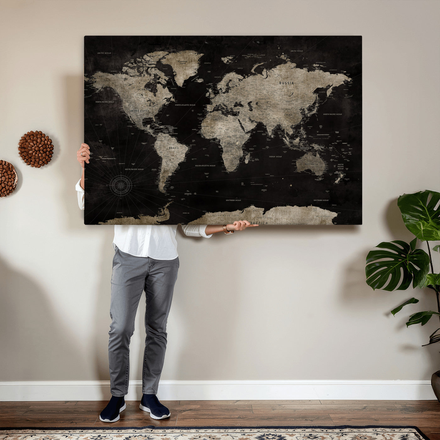 56225956-MGV-CV-36X24 - World Map Wall Art Canvas Print, Modern Decorative Framed Map Artwork Prints for Living Room, Office, Bedroom Wall Decor