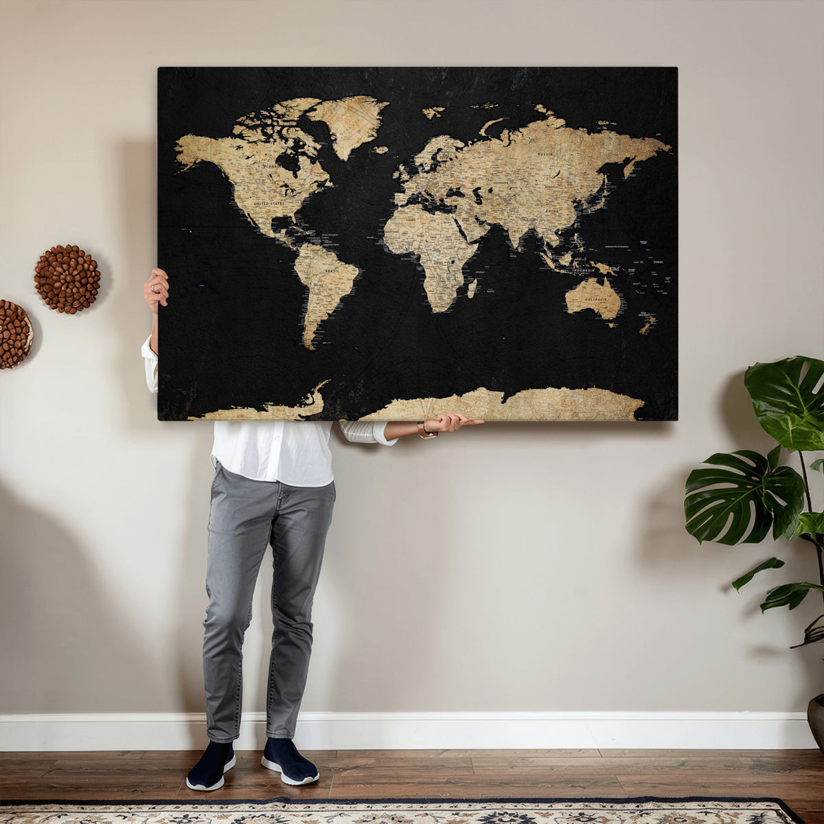71518849-MGV-CV-36X24 - Beige World Map Canvas Wall Art Print, Minimal Black and