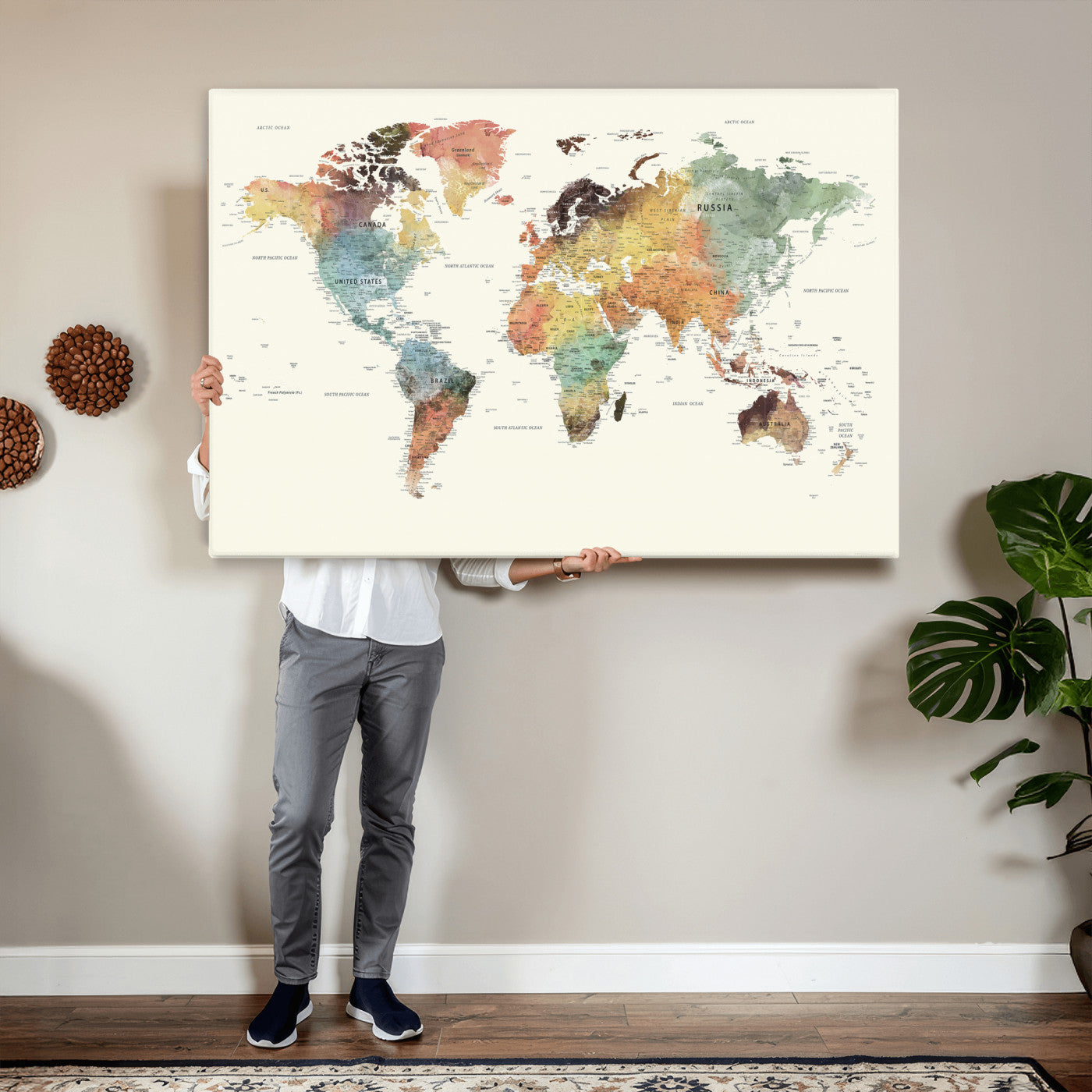 64206059-MGV-CV-36X24 - World Map Wall Art Canvas Print, Modern Decorative Framed Map Artwork Prints for Living Room, Office, Bedroom Wall Decor