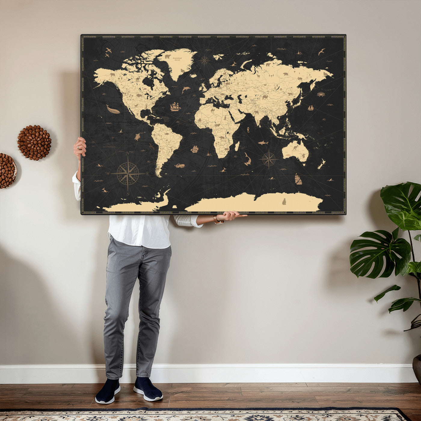 75220264-MGV-CV-36X24 - World Map Wall Art Canvas Print, Modern Decorative Framed Map Artwork Prints for Living Room, Office, Bedroom Wall Decor