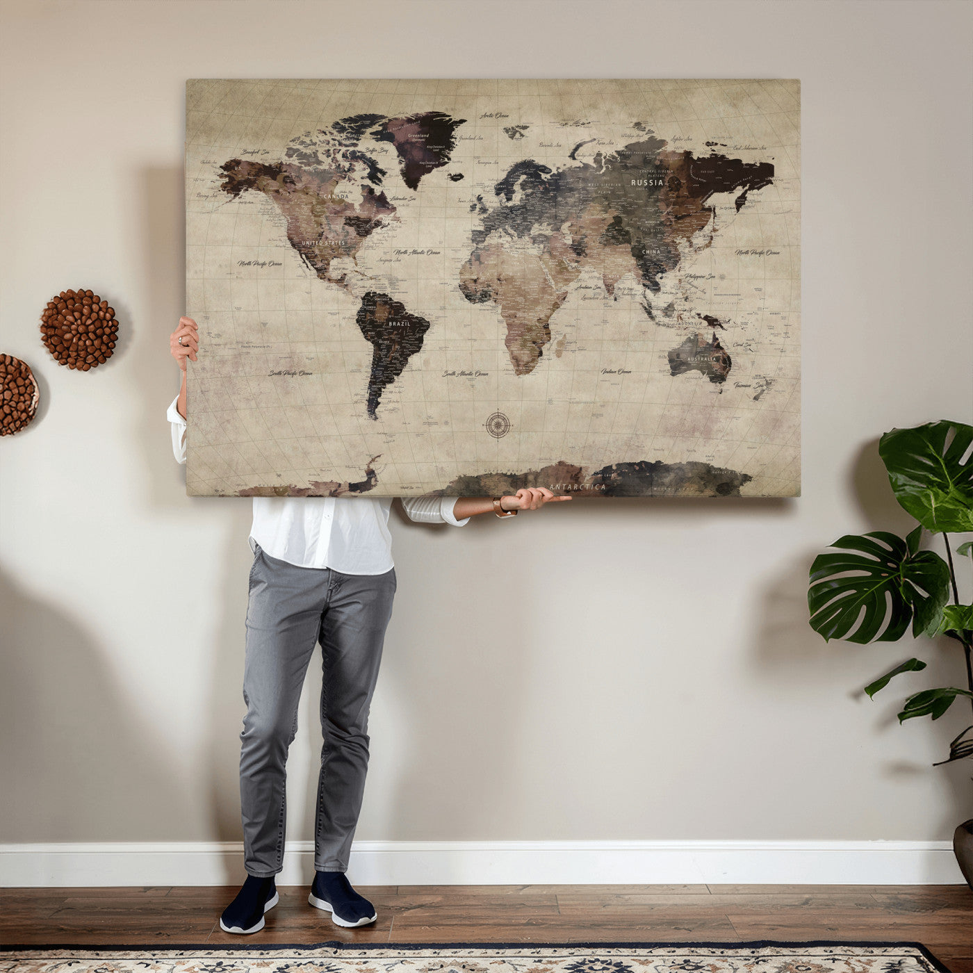 60560672-MGV-CV-36X24 - World Map Wall Art Canvas Print, Modern Decorative Framed Map Artwork Prints for Living Room, Office, Bedroom Wall Decor