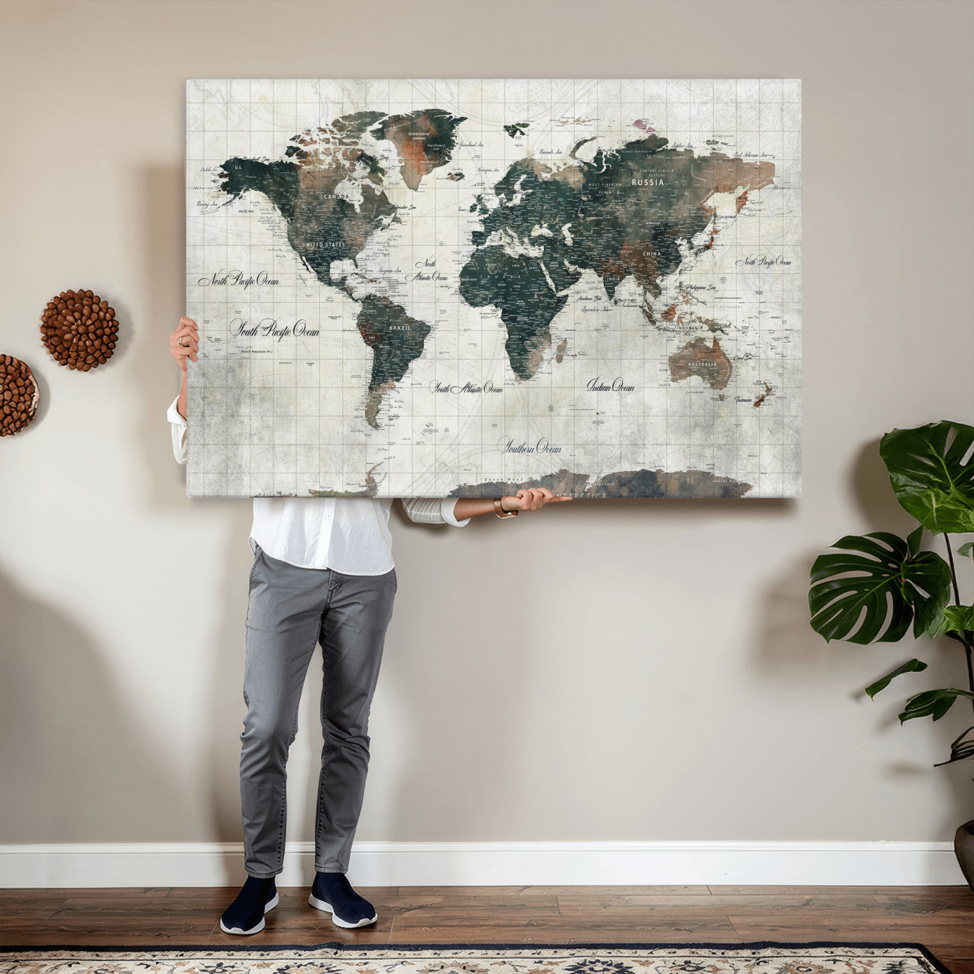 91179593-MGV-CV-36X24 - World Map Wall Art Canvas Print, Modern Decorative Framed Map Artwork Prints for Living Room, Office, Bedroom Wall Decor