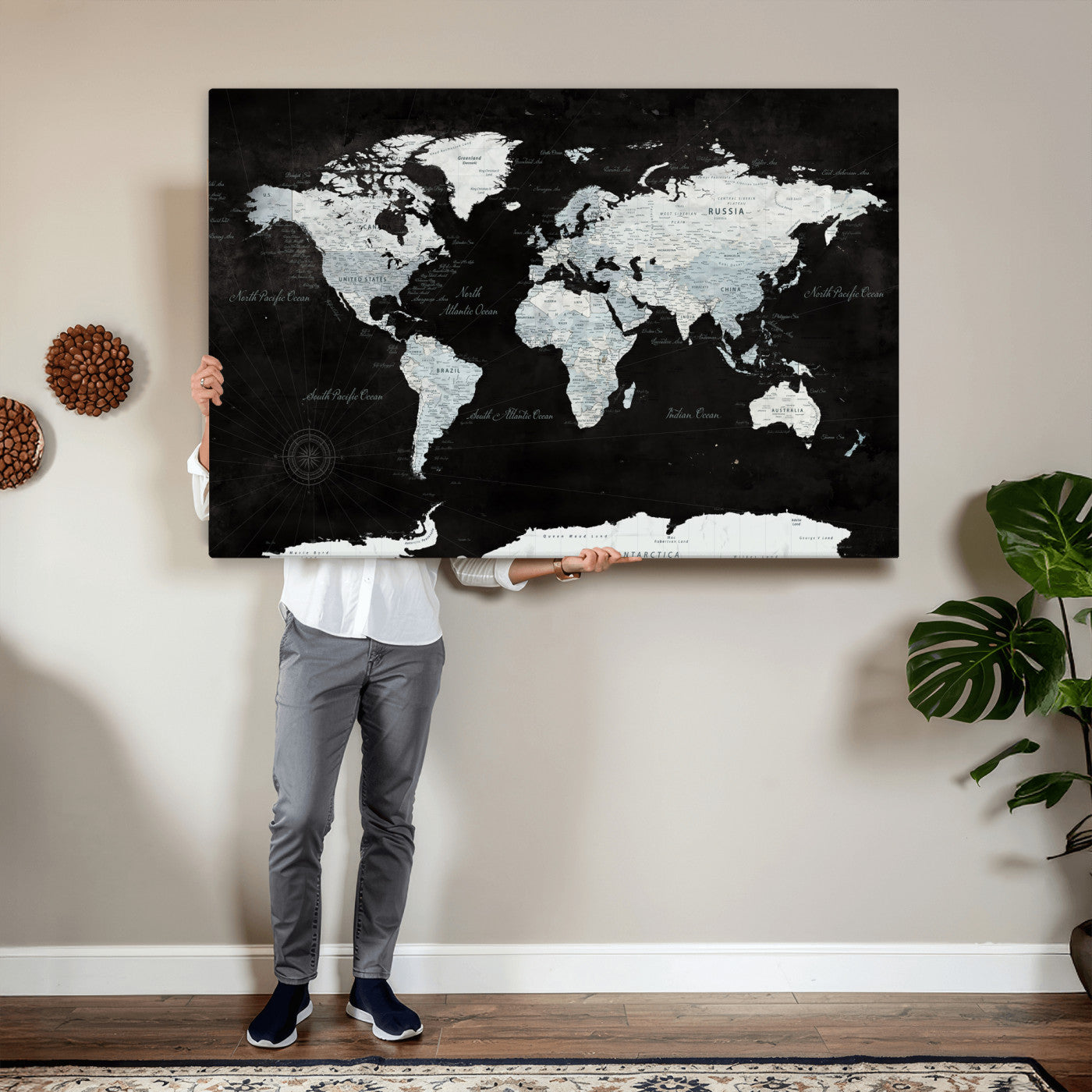 28664806-MGV-CV-36X24 - World Map Wall Art Canvas Print, Modern Decorative Framed Map Artwork Prints for Living Room, Office, Bedroom Wall Decor