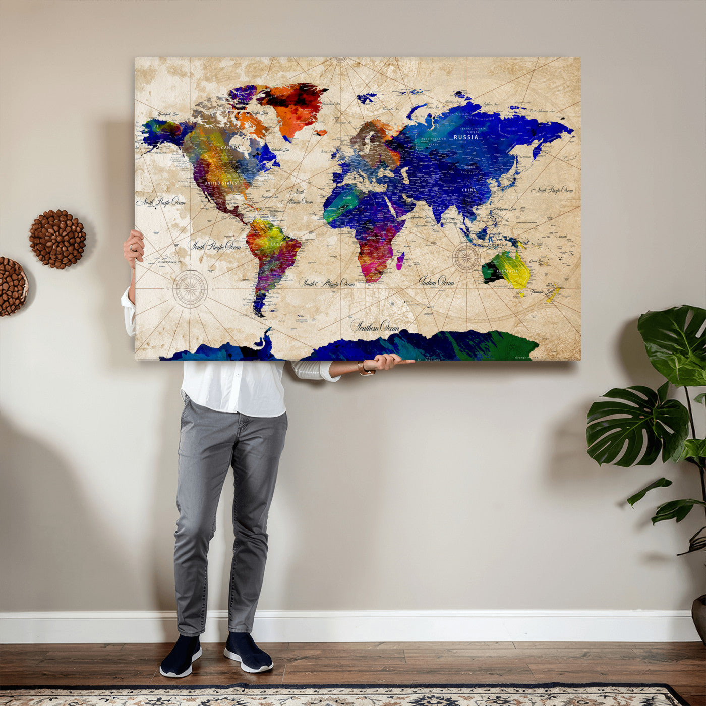 26284075-MGV-CV-36X24 - World Map Wall Art Canvas Print, Modern Decorative Framed Map Artwork Prints for Living Room, Office, Bedroom Wall Decor