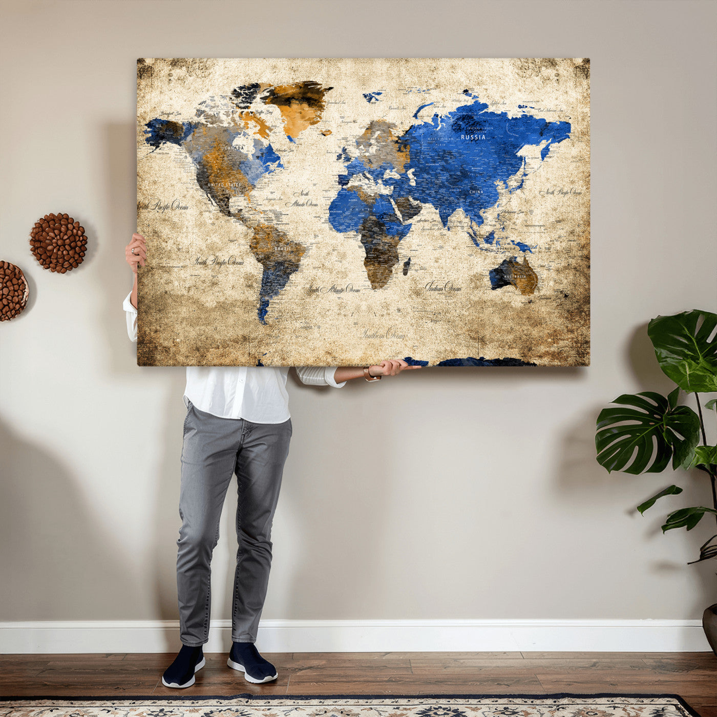 27314341-MGV-CV-36X24 - World Map Wall Art Canvas Print, Modern Decorative Framed Map Artwork Prints for Living Room, Office, Bedroom Wall Decor