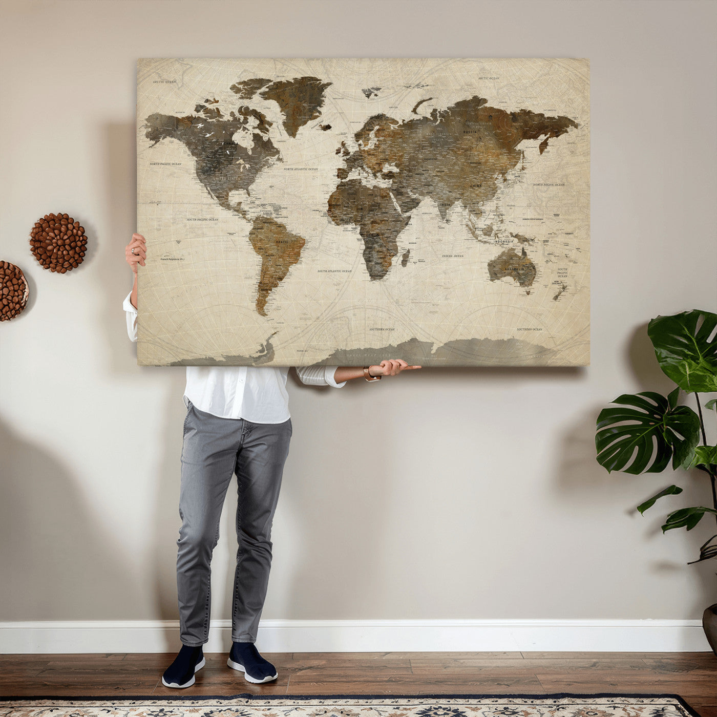 49623468-MGV-CV-36X24 - World Map Wall Art Canvas Print, Modern Decorative Framed Map Artwork Prints for Living Room, Office, Bedroom Wall Decor