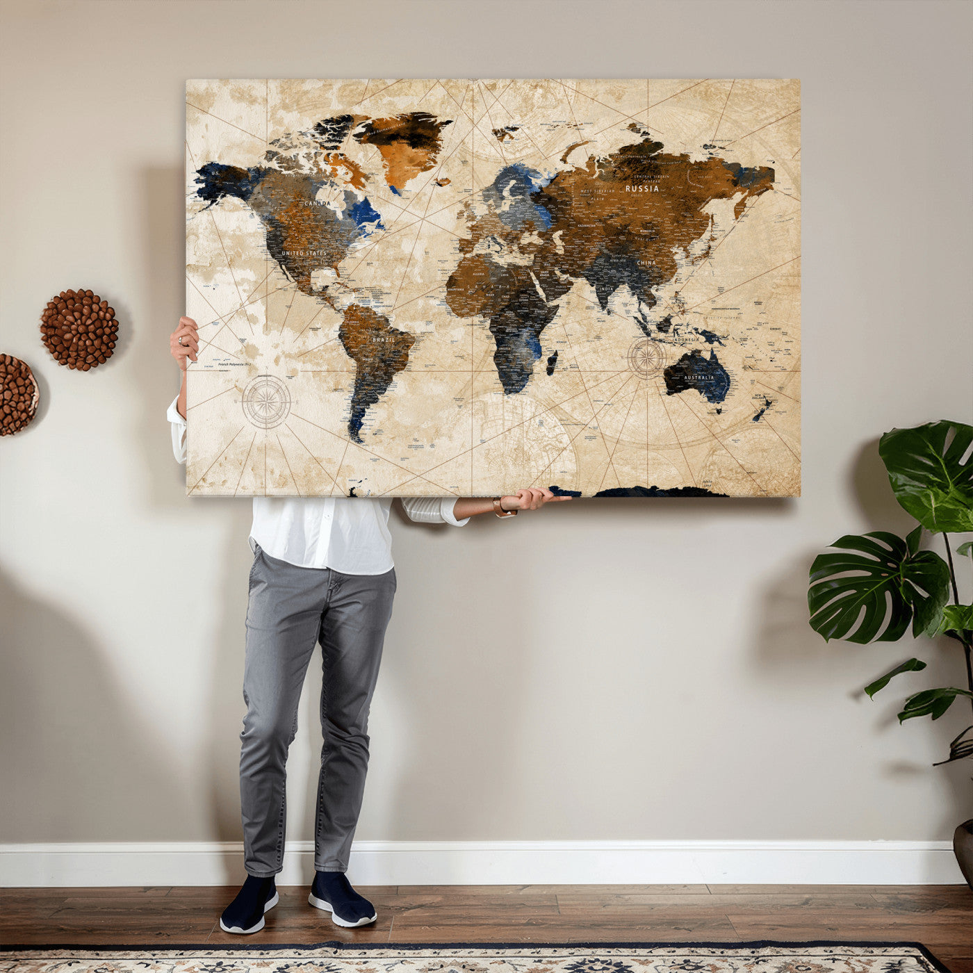15727090-MGV-CV-36X24 - World Map Wall Art Canvas Print, Modern Decorative Framed Map Artwork Prints for Living Room, Office, Bedroom Wall Decor