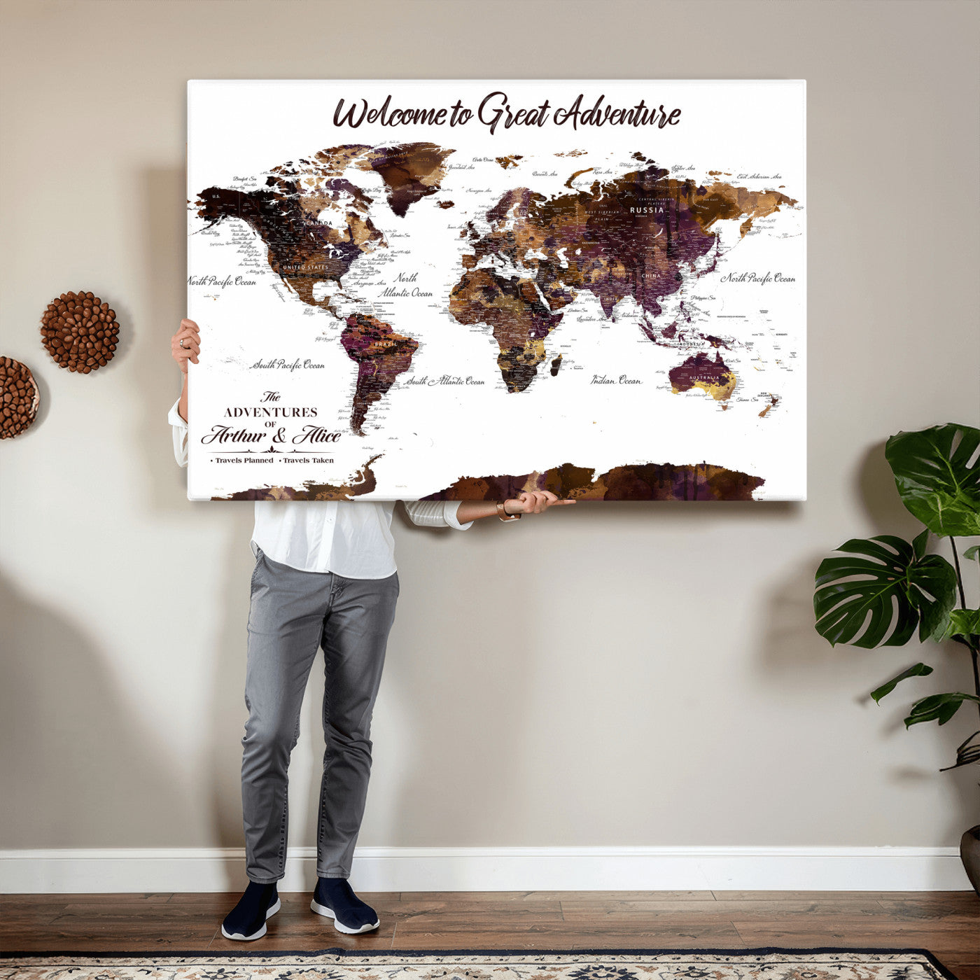 64110391125-MGV-CV-36X24 - Custom Push Pin World Map Wall Art Canvas Print – Personalized Travel Tracker with Pins Framed Large for Home and Office Decor