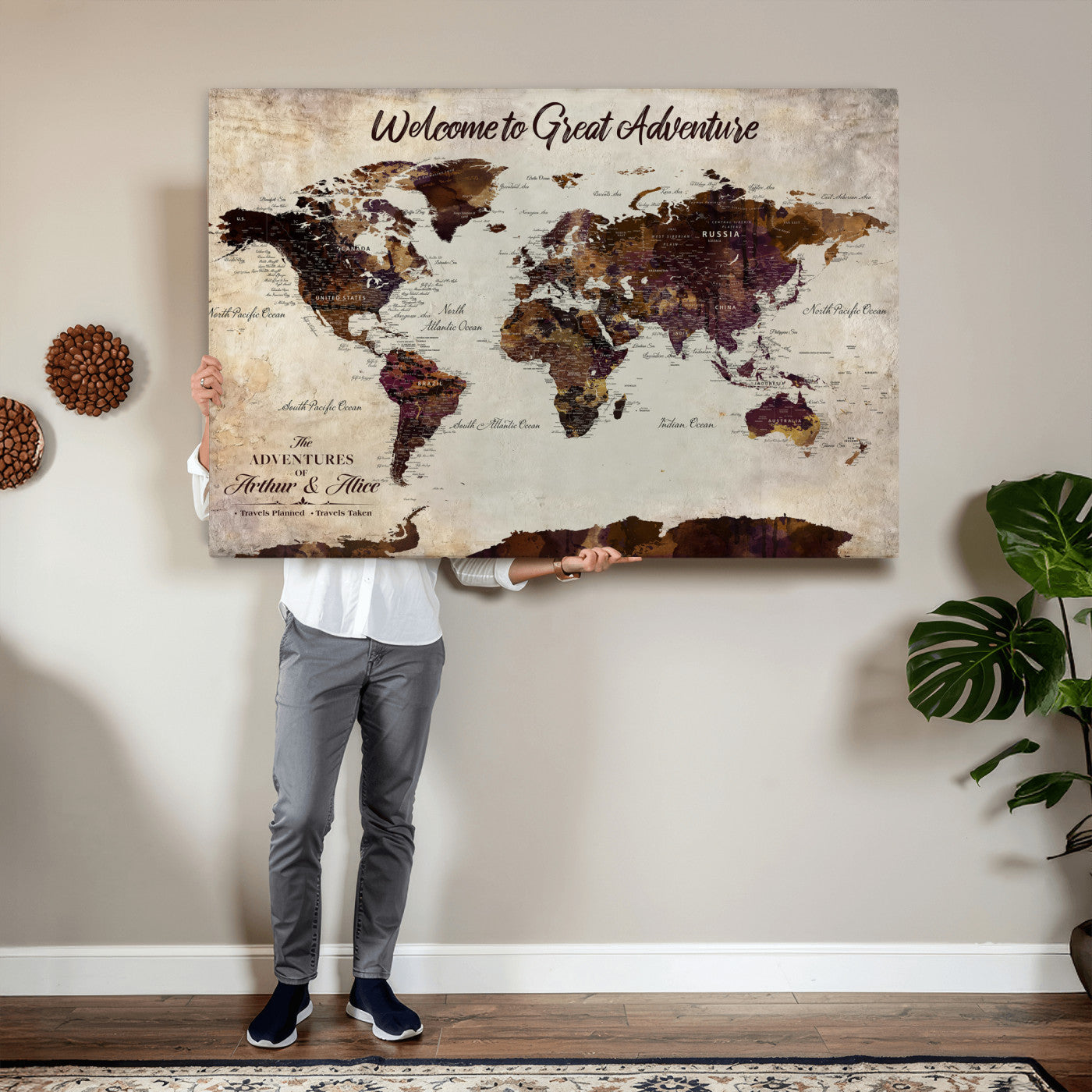 64110391126-MGV-CV-36X24-Custom Push Pin World Map Wall Art Canvas Print – Personalized Travel Tracker with Pins Framed Large for Home and Office Decor