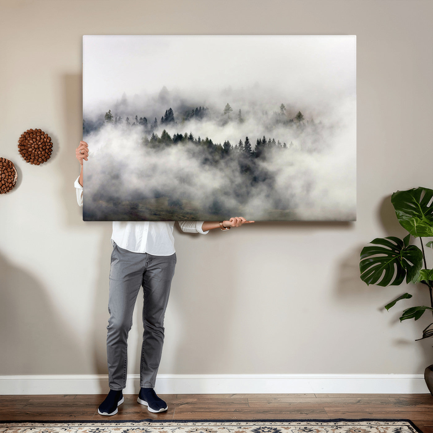 63235457-MGV-CV-36X24 - Foggy Forest Wall Art Canvas Print, Misty Pine Tree Landscape Wall Art Print, Framed Wall Art Ready to Hang