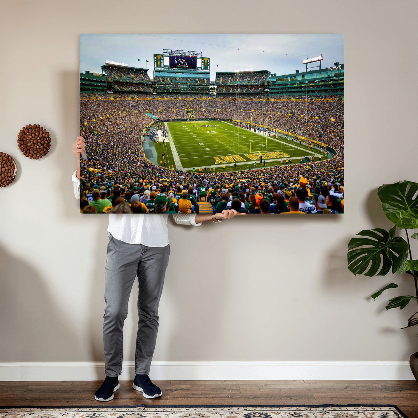 56521752-MGV-CV-36X24 - Green Bay Packers Stadium Wall Art Canvas Print, Lambeau Field Football Stadium Artwork, Framed Wall Art Ready to Hang