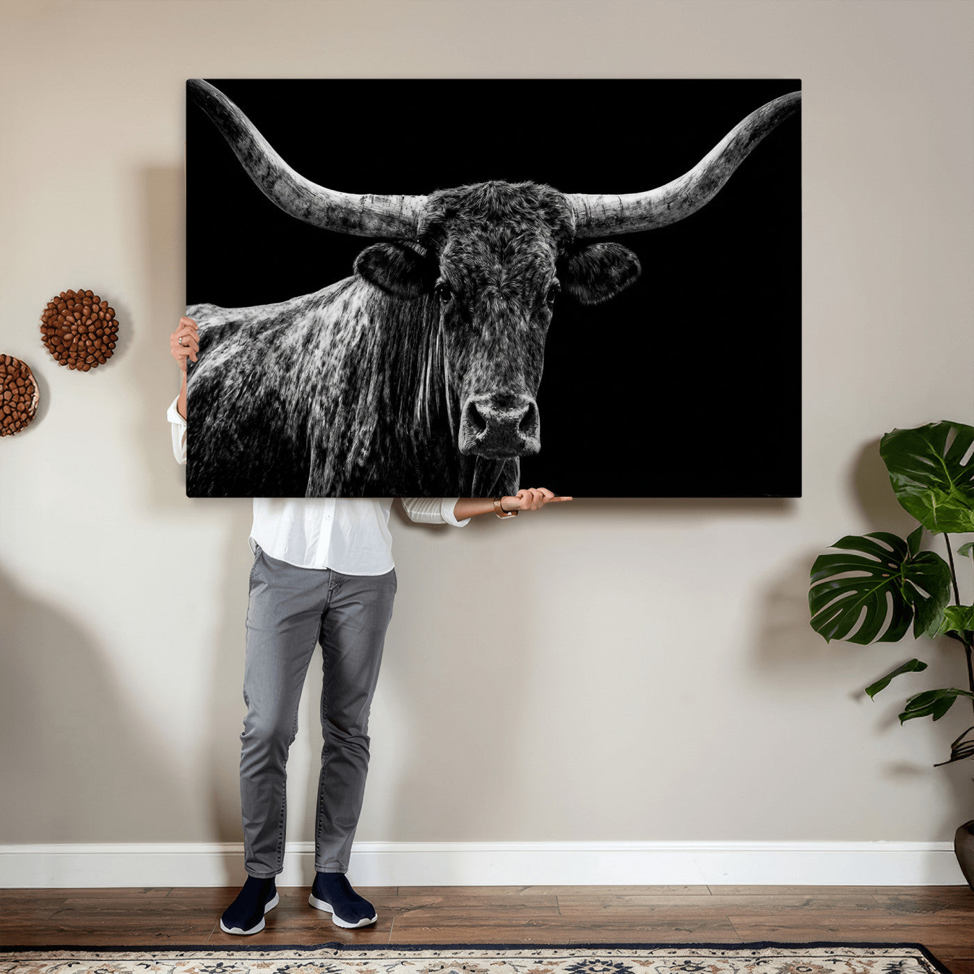 86568508-MGV-CV-36X24 - Vintage Texas Longhorn Bull Wall Art Canvas Print, Texas Cow Portrait Print, Framed Bull Wall Art Ready to Hang