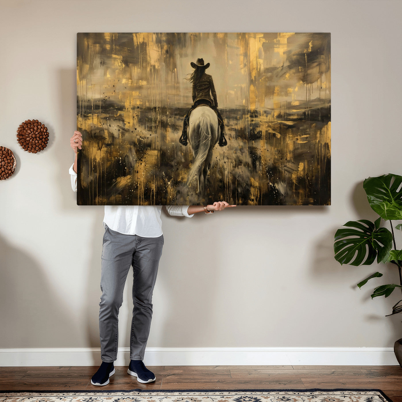 20465530-MGV-CV-36X24 - Cowgirl Wall Art Canvas Print, Western Horse Rider Wall Art, Framed Wall Art Ready to Hang