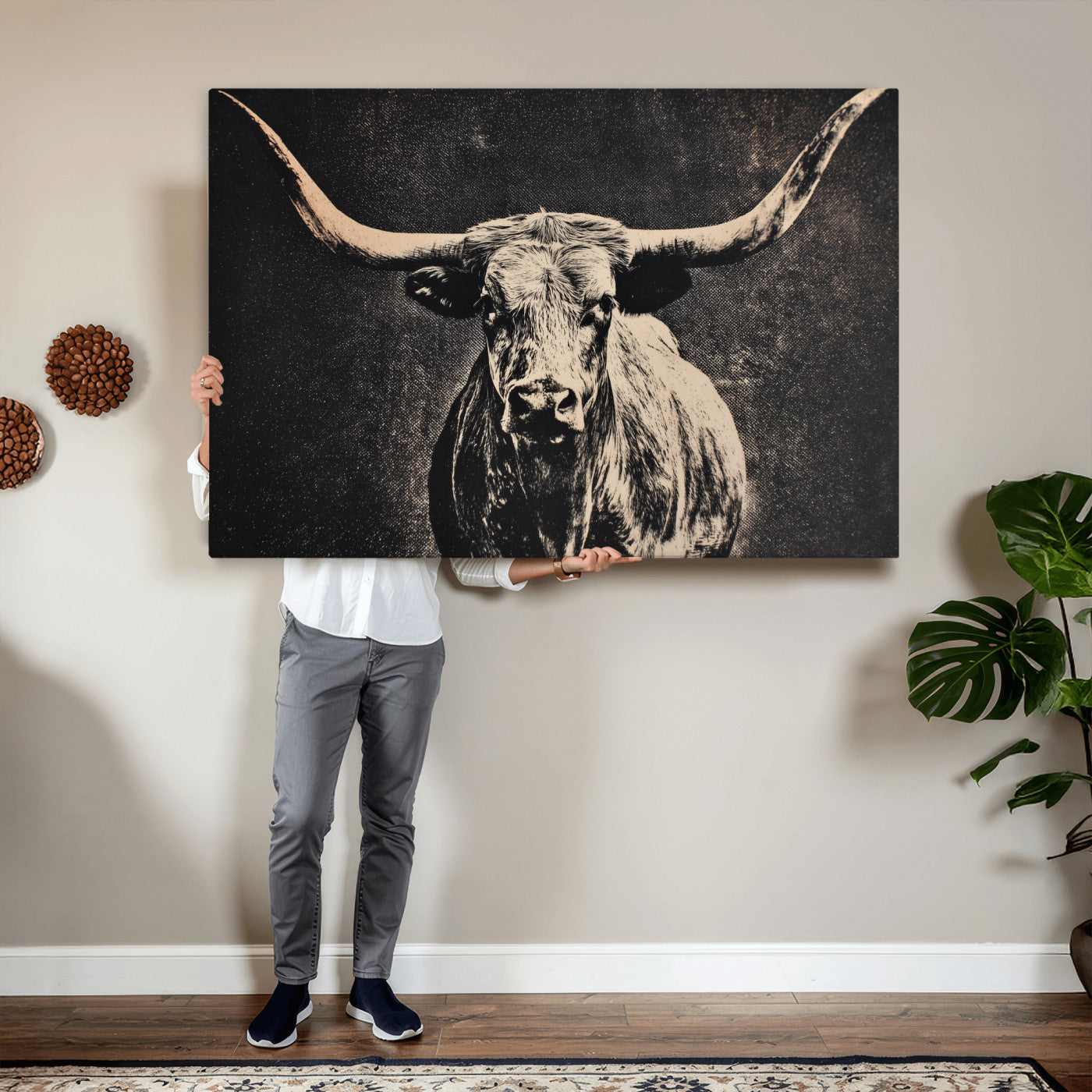 27394218-MGV-CV-36X24 - Vintage Texas Longhorn Bull Wall Art Canvas Print, Cow Portrait Photography Print, Framed Wall Art Ready to Hang